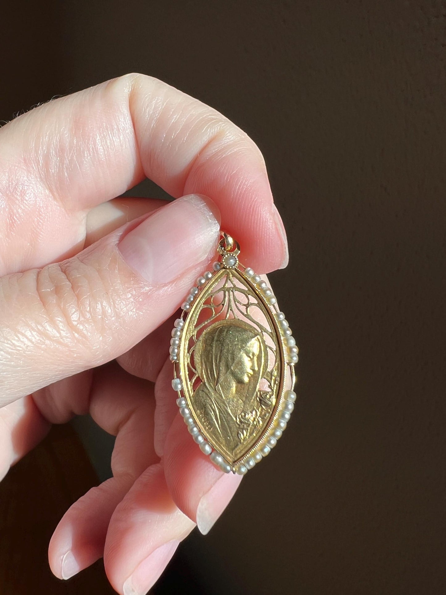French ANTIQUE Religious Medal Art Nouveau 18k Gold Seed Pearl Halo Virgin Mary St. Therese Roses Pendant Gift Minimalist Belle Epoque Dated