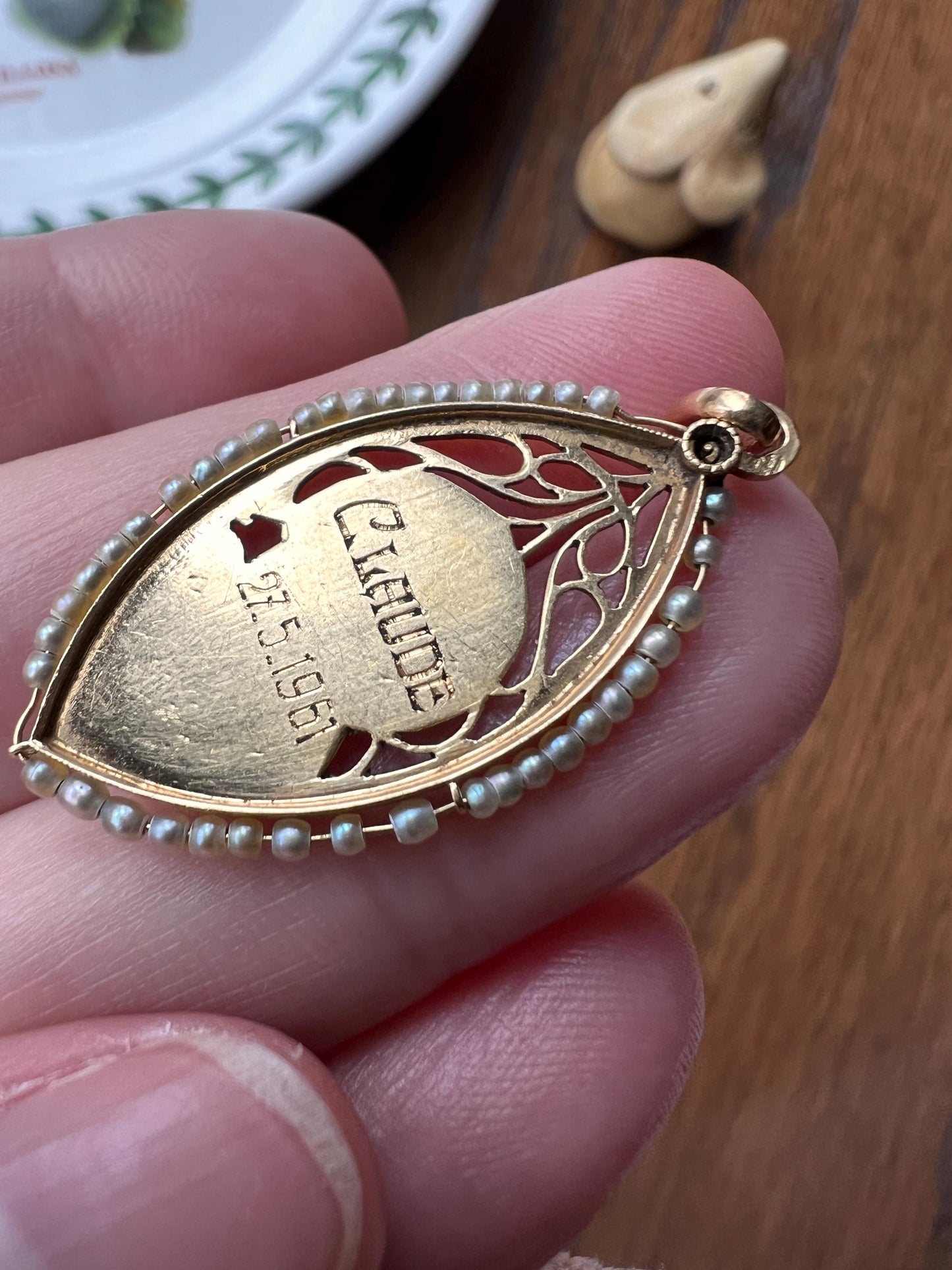 French ANTIQUE Religious Medal Art Nouveau 18k Gold Seed Pearl Halo Virgin Mary St. Therese Roses Pendant Gift Minimalist Belle Epoque Dated
