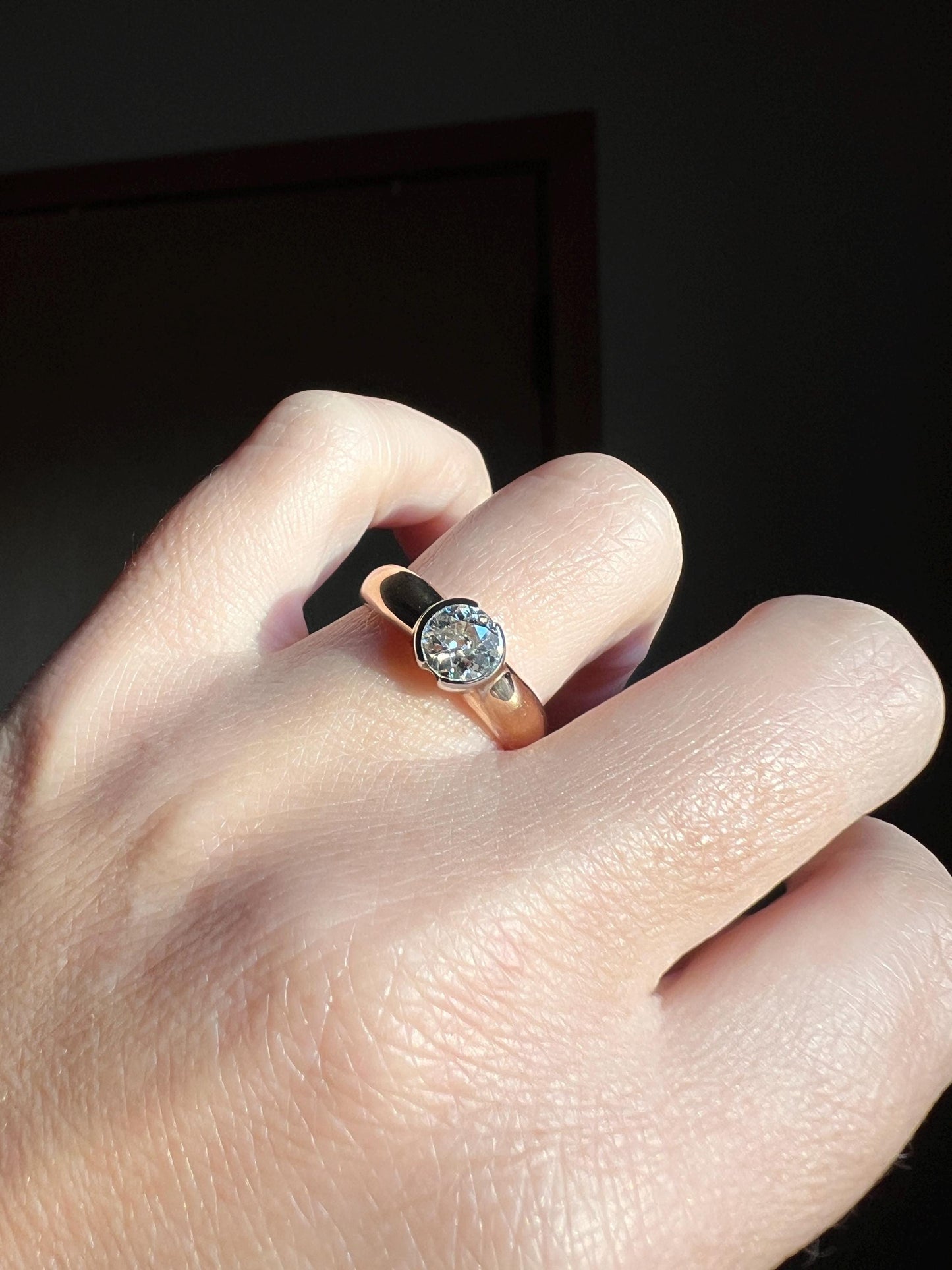 Vintage .6 Carat Antique Old Mine Cut DIAMOND French Art Deco Bezel Set Ring Stacker Band 18k Gold Solitaire Engagement Gift .6Ctw OmC Domed
