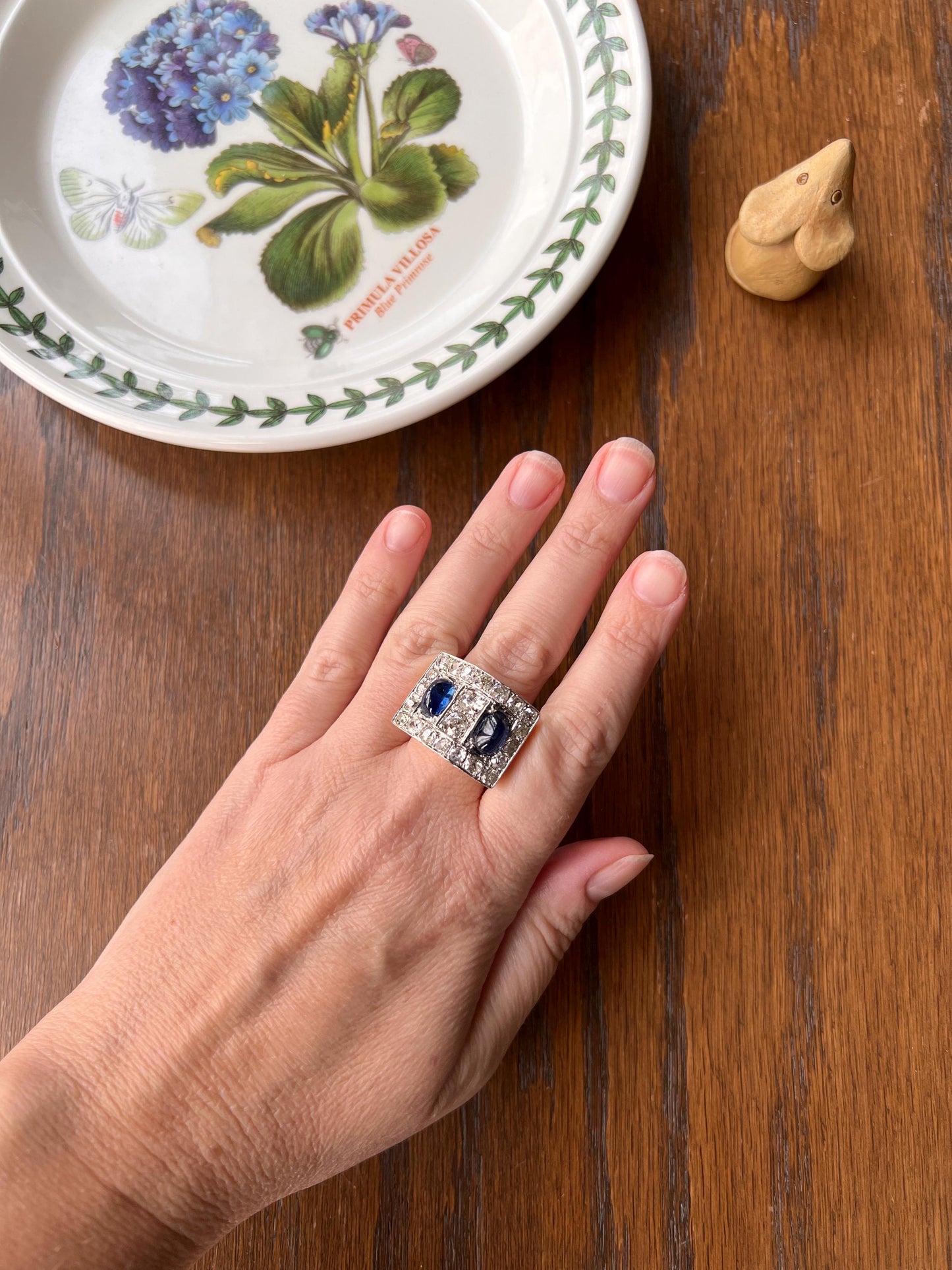 Mega 3.8 CARAT Old Mine Cut DIAMOND Two Sugarloaf Sapphire XL Heavy French Vintage 18k Gold Platinum Tank Ring Chunky Blue Sparkle Statement