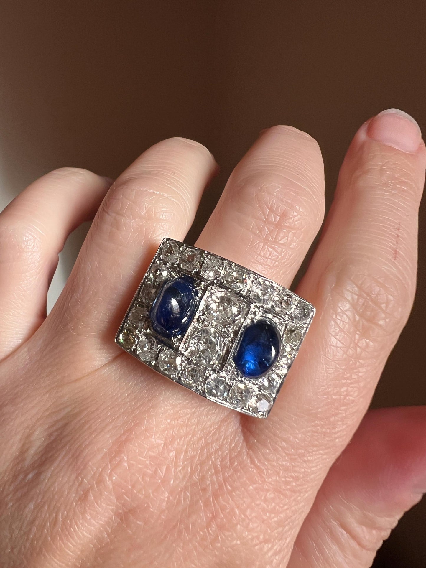 Mega 3.8 CARAT Old Mine Cut DIAMOND Two Sugarloaf Sapphire XL Heavy French Vintage 18k Gold Platinum Tank Ring Chunky Blue Sparkle Statement