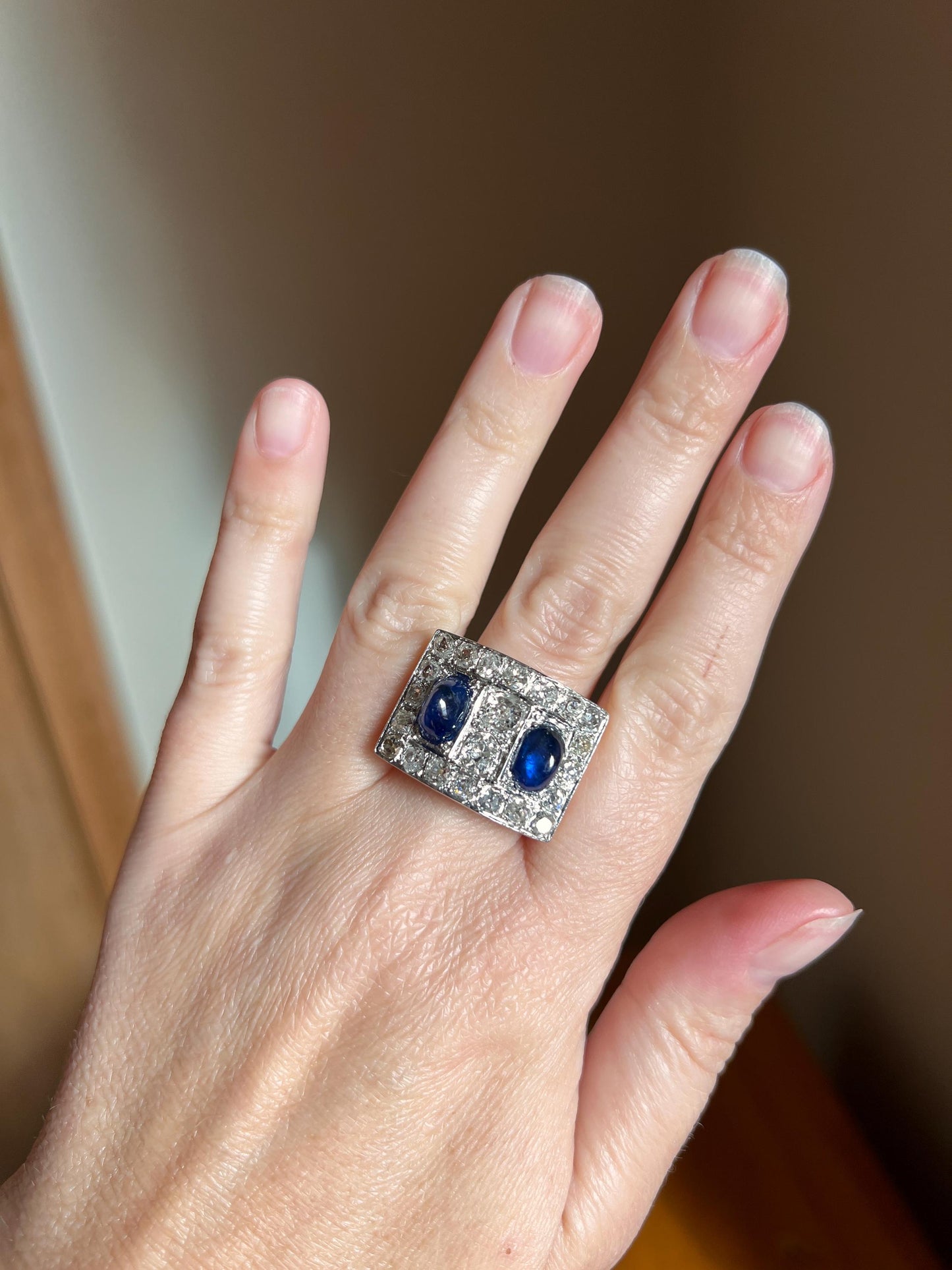 Mega 3.8 CARAT Old Mine Cut DIAMOND Two Sugarloaf Sapphire XL Heavy French Vintage 18k Gold Platinum Tank Ring Chunky Blue Sparkle Statement