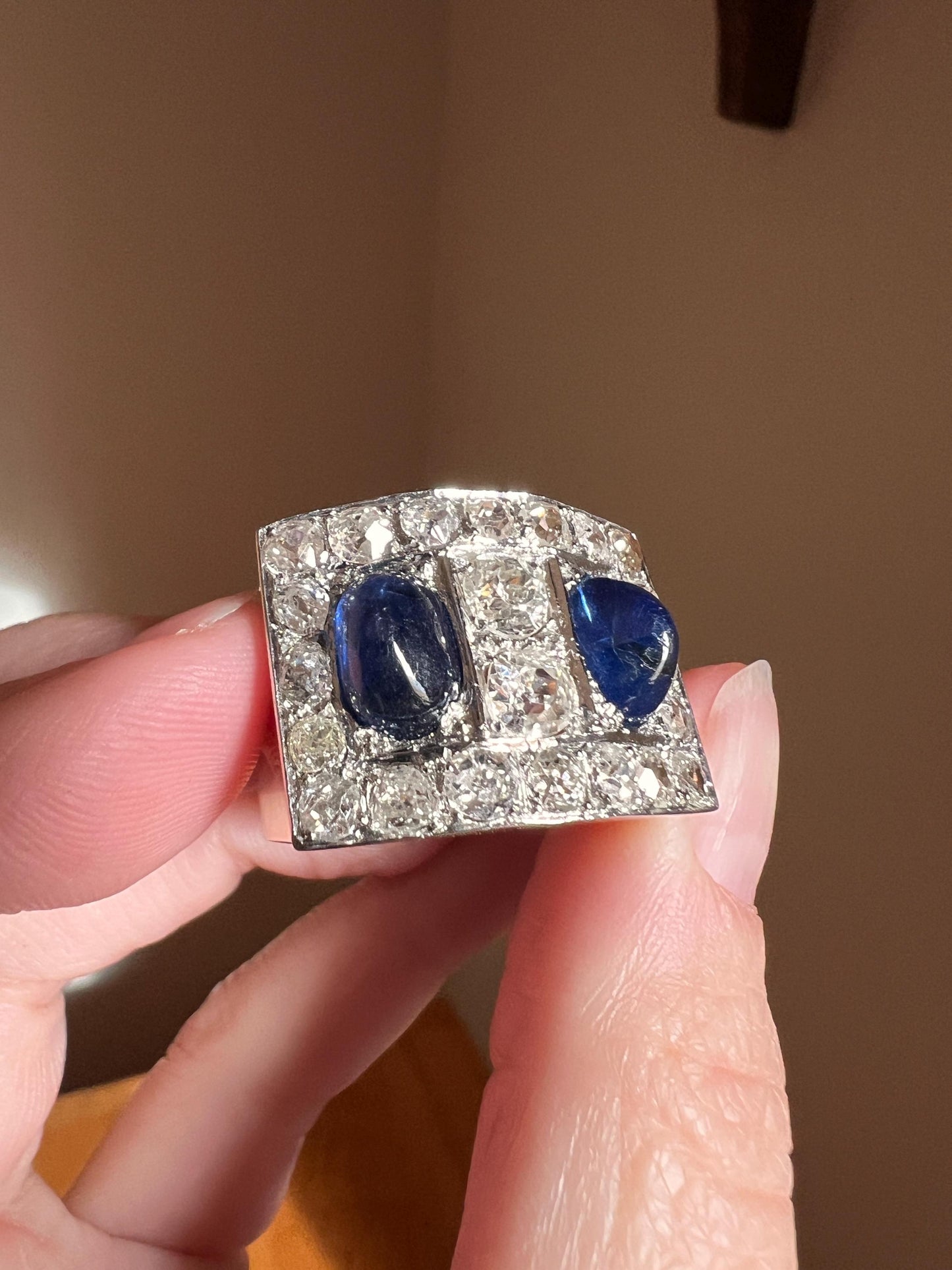 Mega 3.8 CARAT Old Mine Cut DIAMOND Two Sugarloaf Sapphire XL Heavy French Vintage 18k Gold Platinum Tank Ring Chunky Blue Sparkle Statement