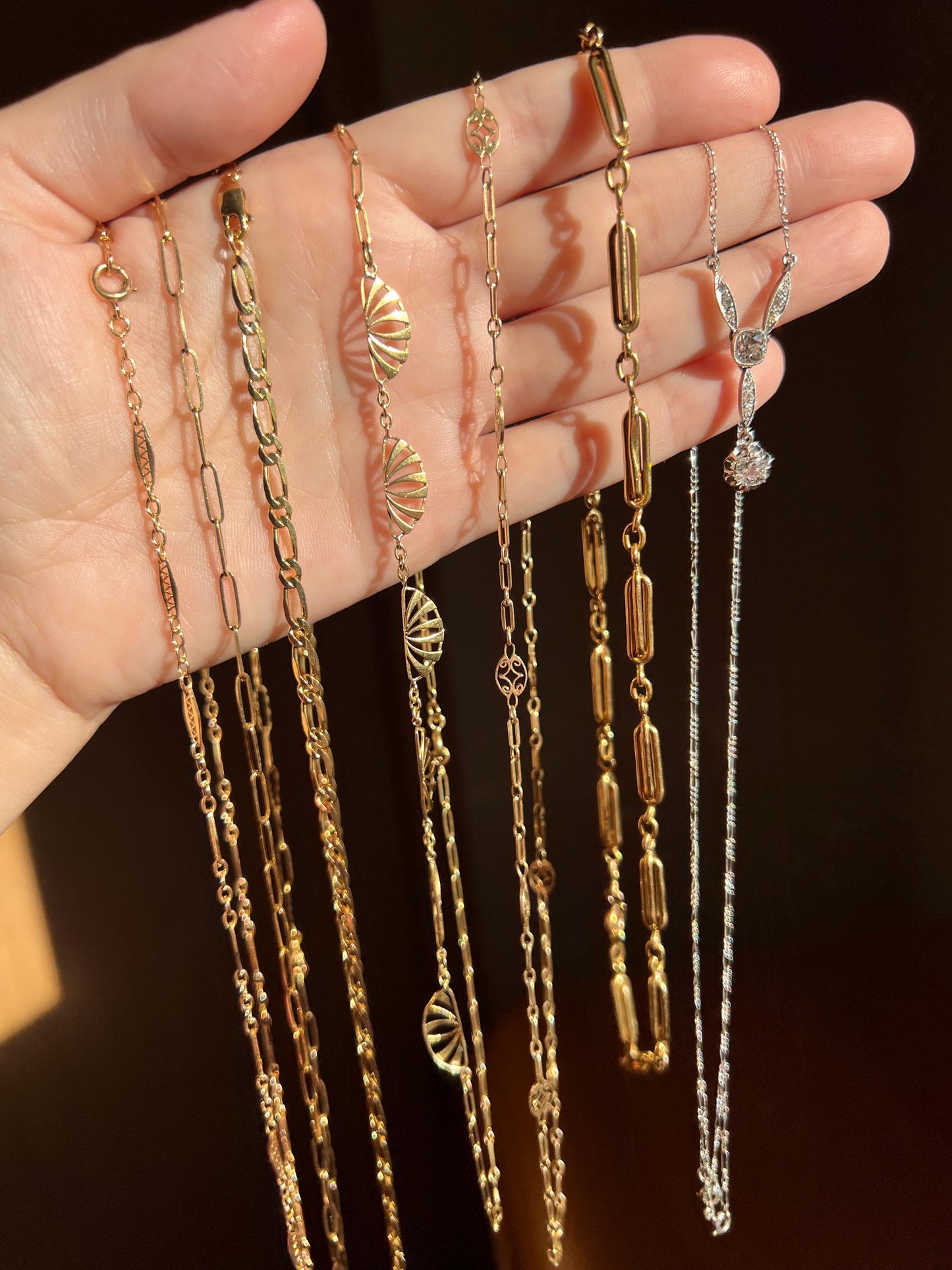 Sunburst Half Moon French Art NOUVEAU Antique 16" 18k Gold Necklace Drapery Chain Collar Pendants Gift Bridal Something Old Belle Epoque