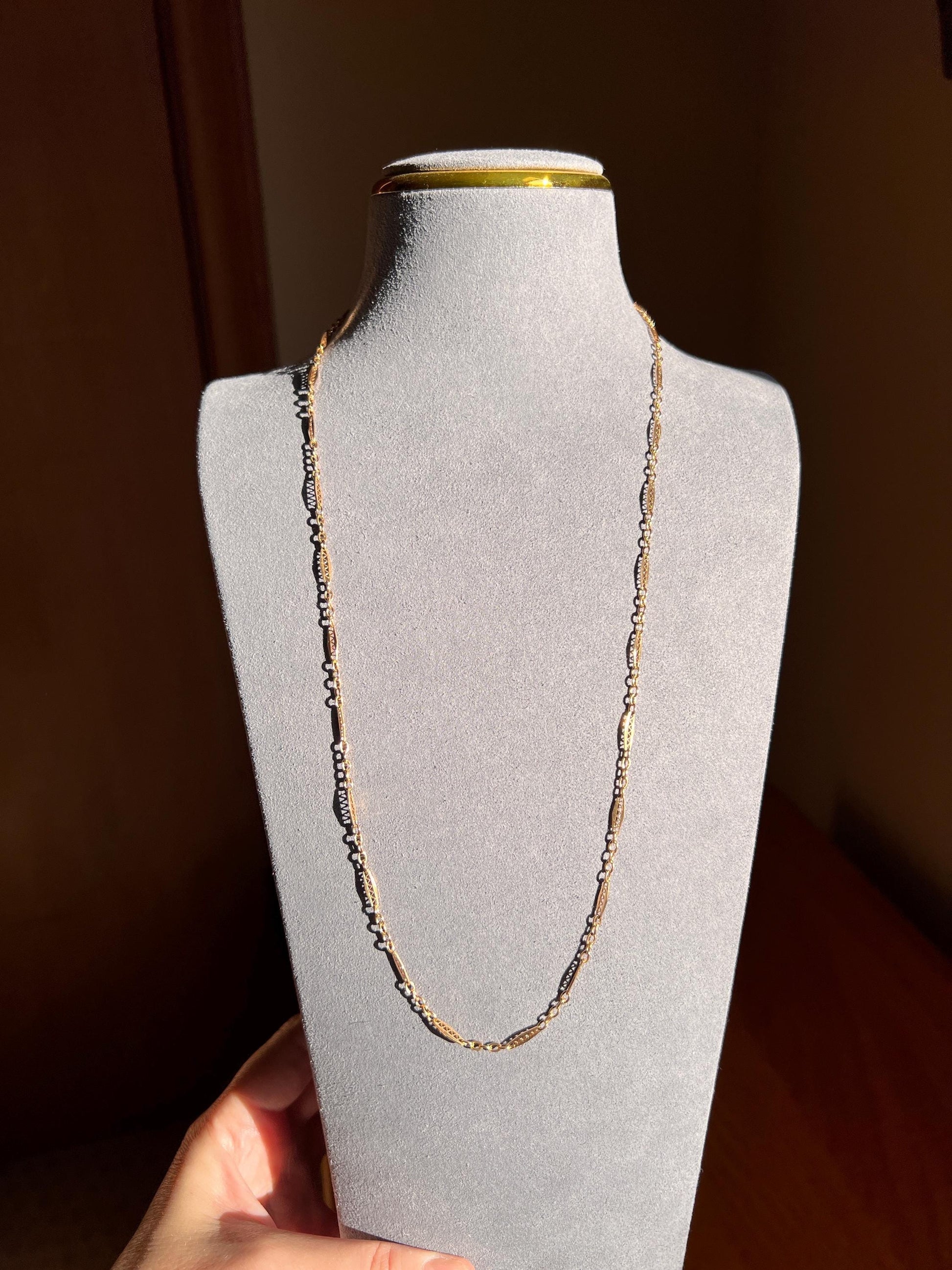 Fancy Link Squiggle Diamond French Art Deco Antique Long 23" 18k Gold Necklace Drapery Chain Collar Gift Bridal Something Old Belle Epoque
