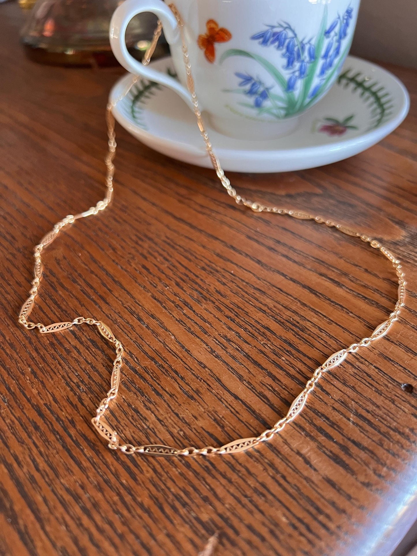 Fancy Link Squiggle Diamond French Art Deco Antique Long 23" 18k Gold Necklace Drapery Chain Collar Gift Bridal Something Old Belle Epoque