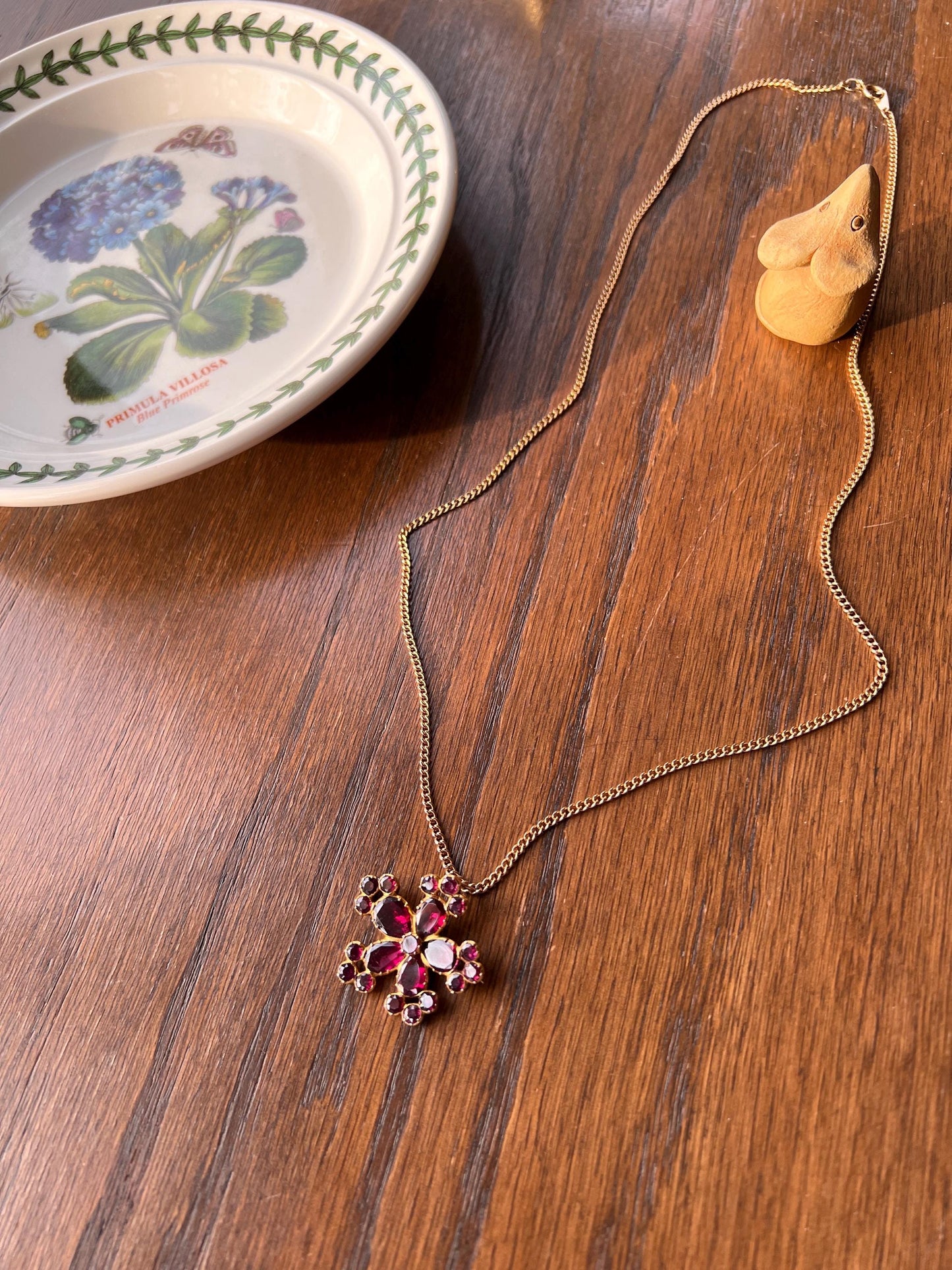 FLORAL Large Georgian Era Foiled Flat Cut GARNET Pendant Rose Cut Pear Teardrop 10k Gold Glowing Purple Red Necklace Romantic Gift Victorian