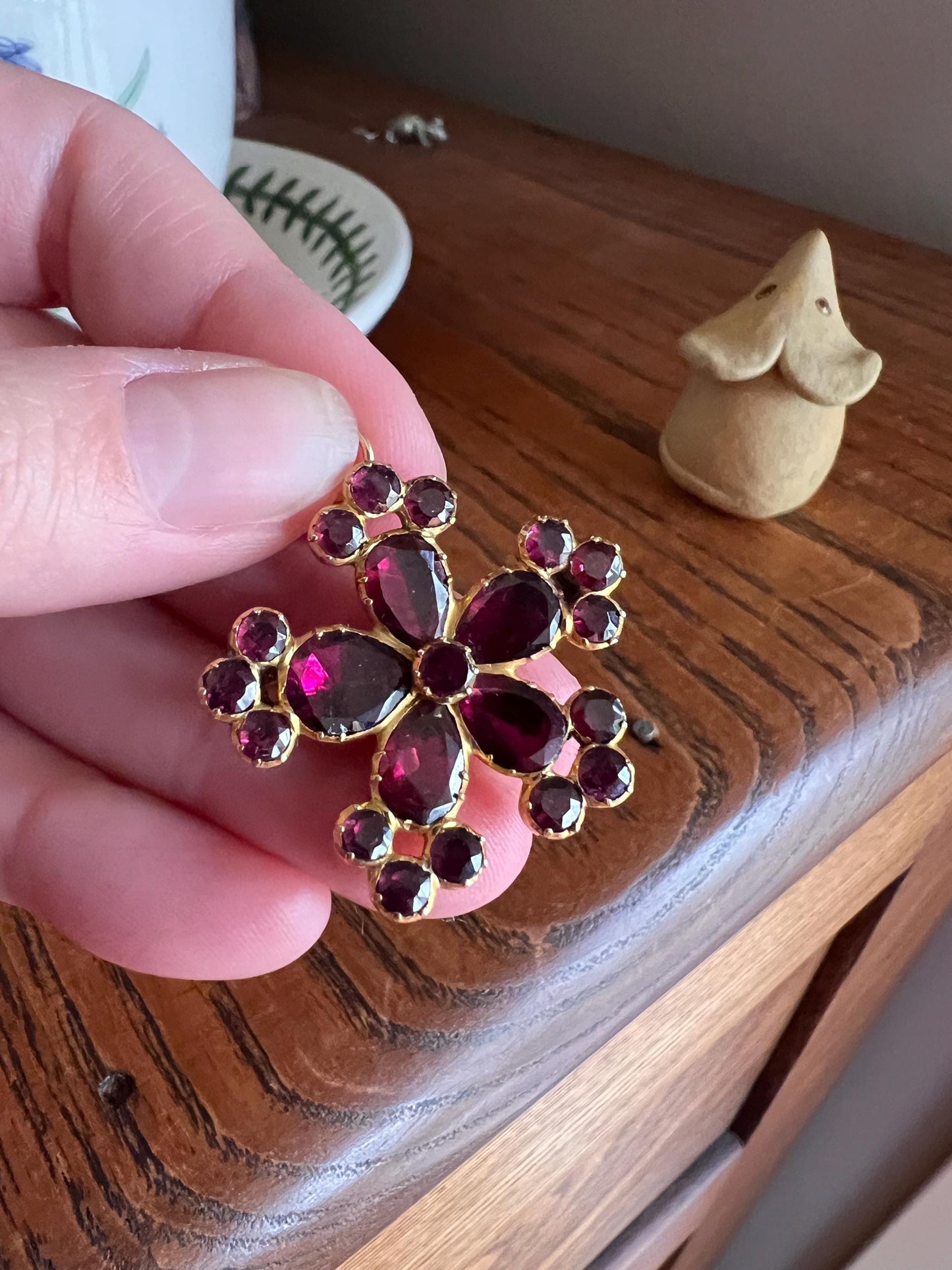 FLORAL Large Georgian Era Foiled Flat Cut GARNET Pendant Rose Cut Pear Teardrop 10k Gold Glowing Purple Red Necklace Romantic Gift Victorian