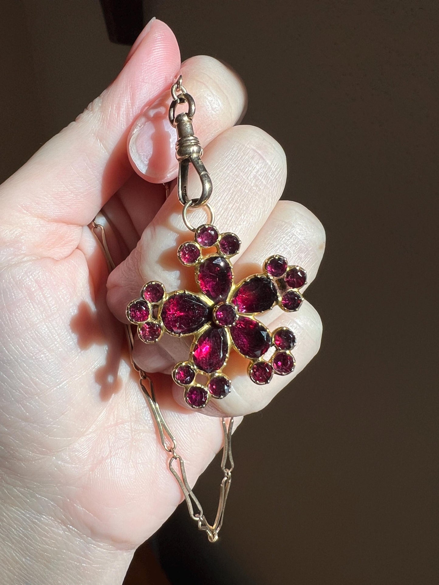 FLORAL Large Georgian Era Foiled Flat Cut GARNET Pendant Rose Cut Pear Teardrop 10k Gold Glowing Purple Red Necklace Romantic Gift Victorian