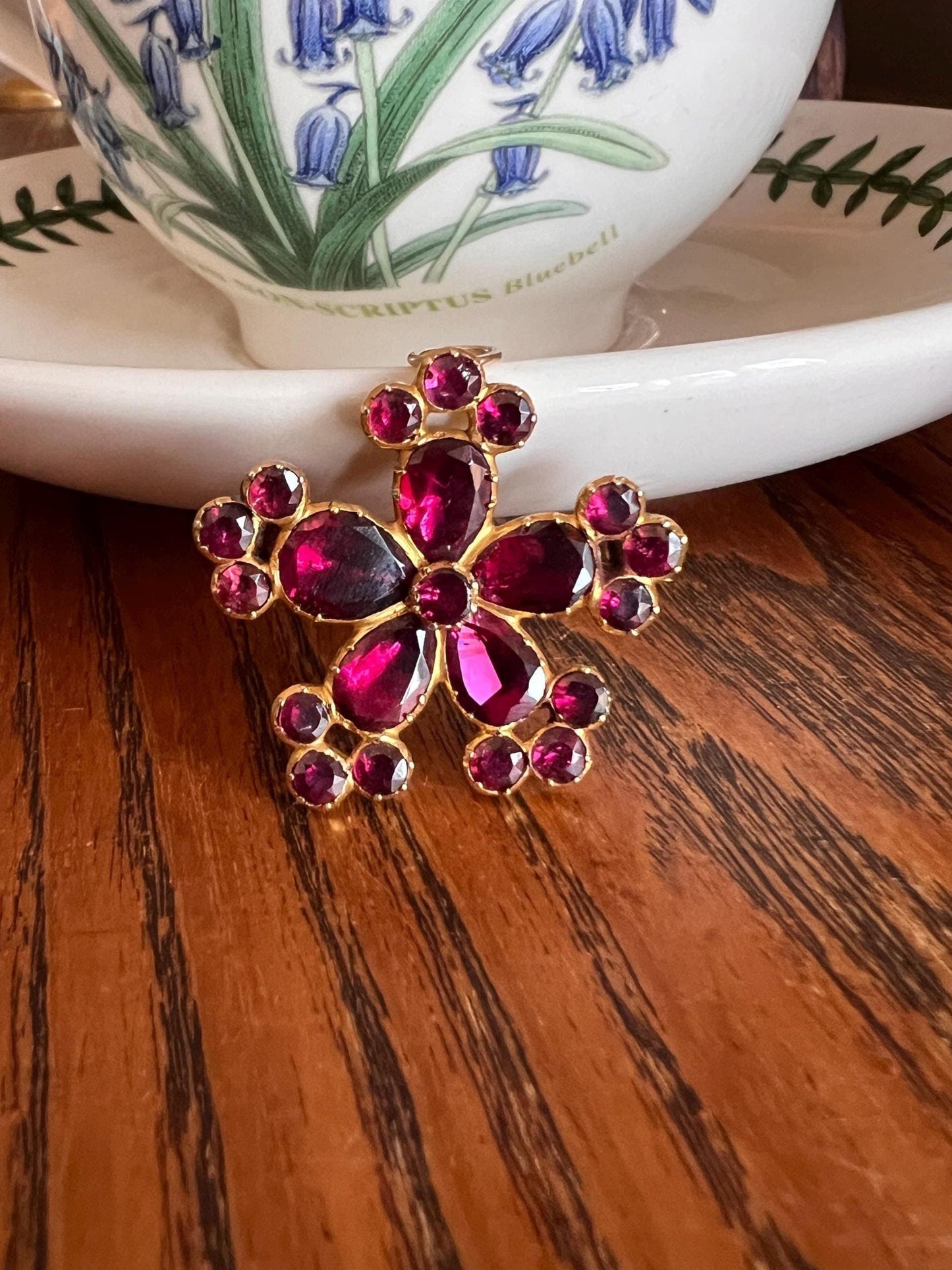 FLORAL Large Georgian Era Foiled Flat Cut GARNET Pendant Rose Cut Pear Teardrop 10k Gold Glowing Purple Red Necklace Romantic Gift Victorian