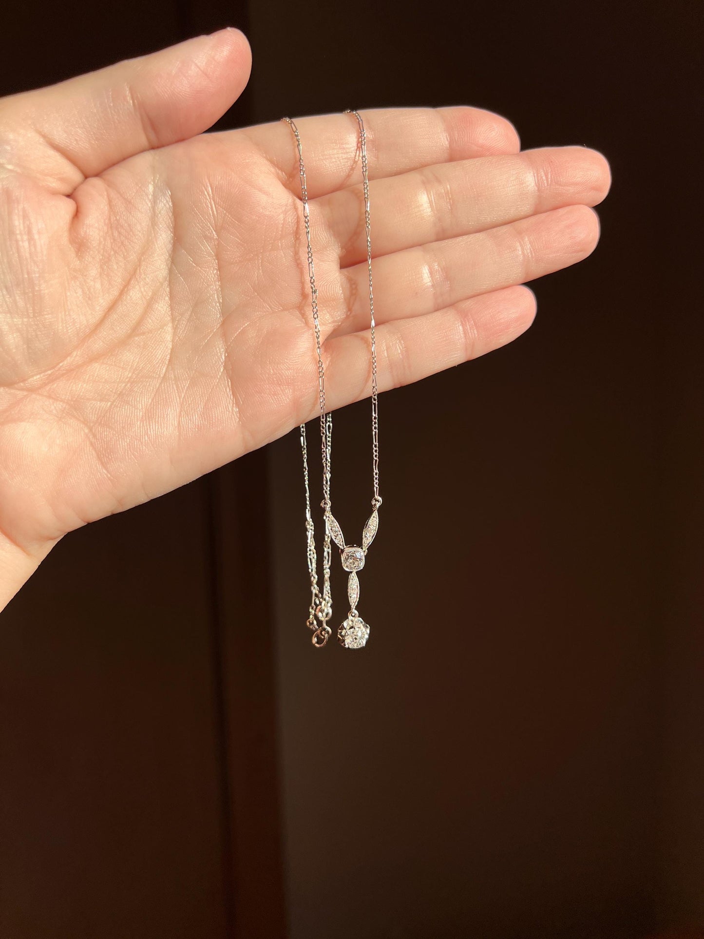 Art Deco 1.2 Carat Old Mine Cut DIAMOND French Antique 18k White Gold & Platinum Y Pendant on Chain Necklace Bridal Something Old Love Gift