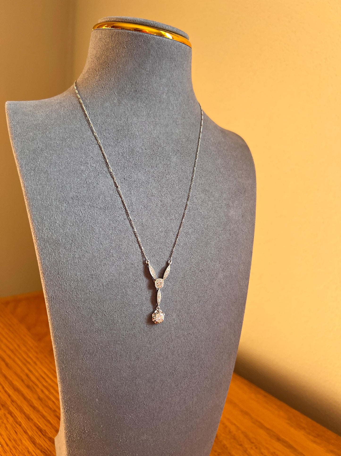 Art Deco 1.2 Carat Old Mine Cut DIAMOND French Antique 18k White Gold & Platinum Y Pendant on Chain Necklace Bridal Something Old Love Gift