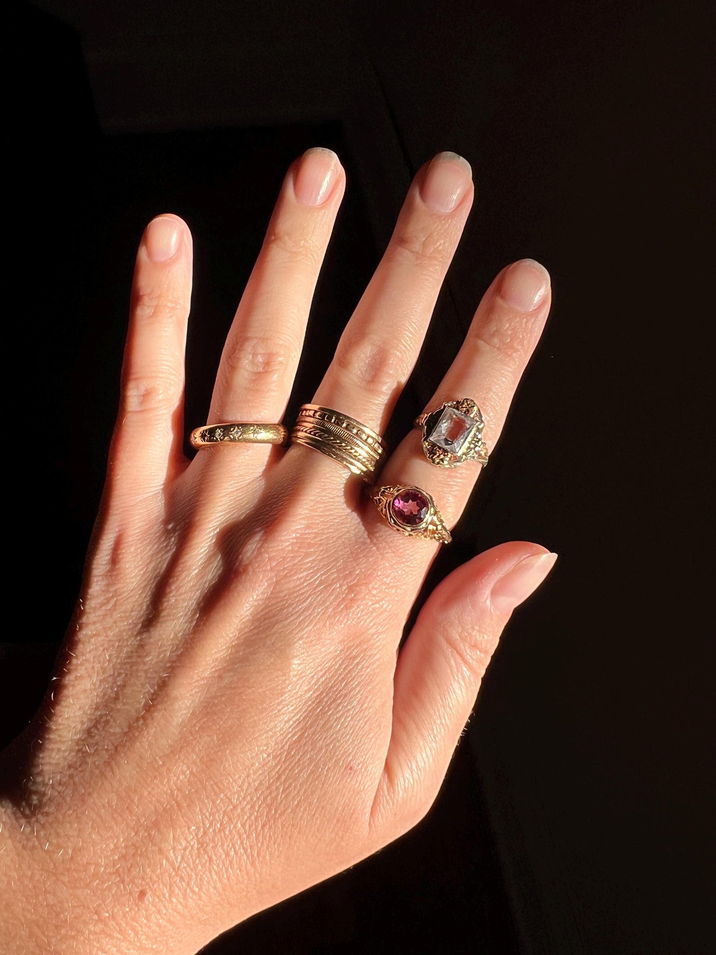 Chunky DATED 1910 STAR Burst ANTIQUE Five Stone Old Single Cut Diamond 18k Gold Solid Domed Band Gypsy Ring Stacker Sun Starburst Engraved