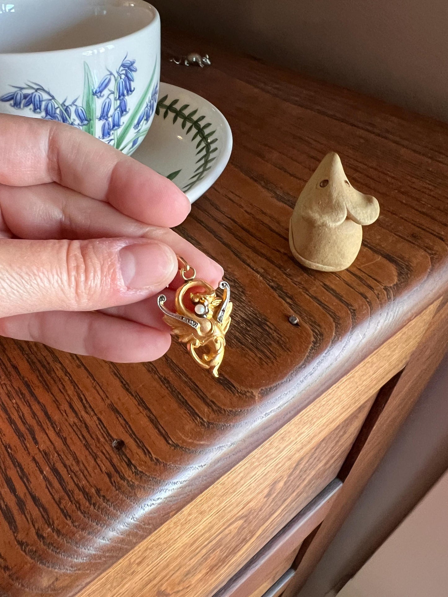 FRENCH Antique 18k Gold DRAGON Pendant Rose Cut Diamond Chimera Griffin Winged Beast FIGURAL Pearl Victorian Belle Epoque Lifelike Satin