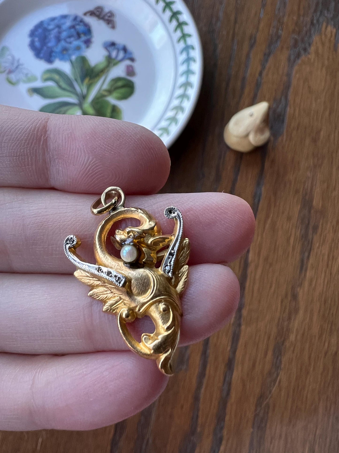 FRENCH Antique 18k Gold DRAGON Pendant Rose Cut Diamond Chimera Griffin Winged Beast FIGURAL Pearl Victorian Belle Epoque Lifelike Satin