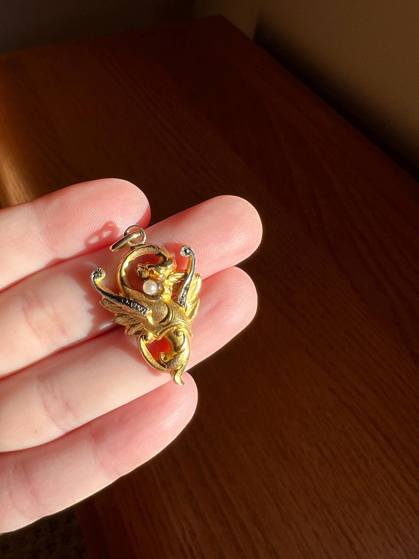 FRENCH Antique 18k Gold DRAGON Pendant Rose Cut Diamond Chimera Griffin Winged Beast FIGURAL Pearl Victorian Belle Epoque Lifelike Satin