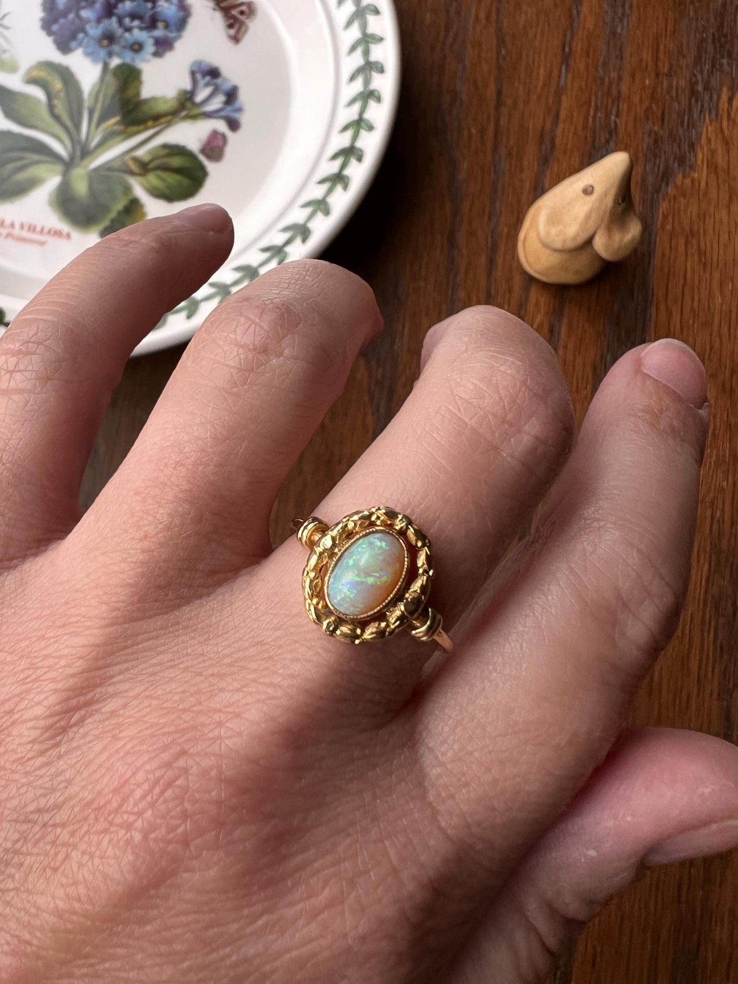 Unique OPAL Art NOUVEAU Floral Garland French Antique 18k Gold Ring Bows Laurel Leaf Berries Halo Romantic Gift Belle Epoque Figural