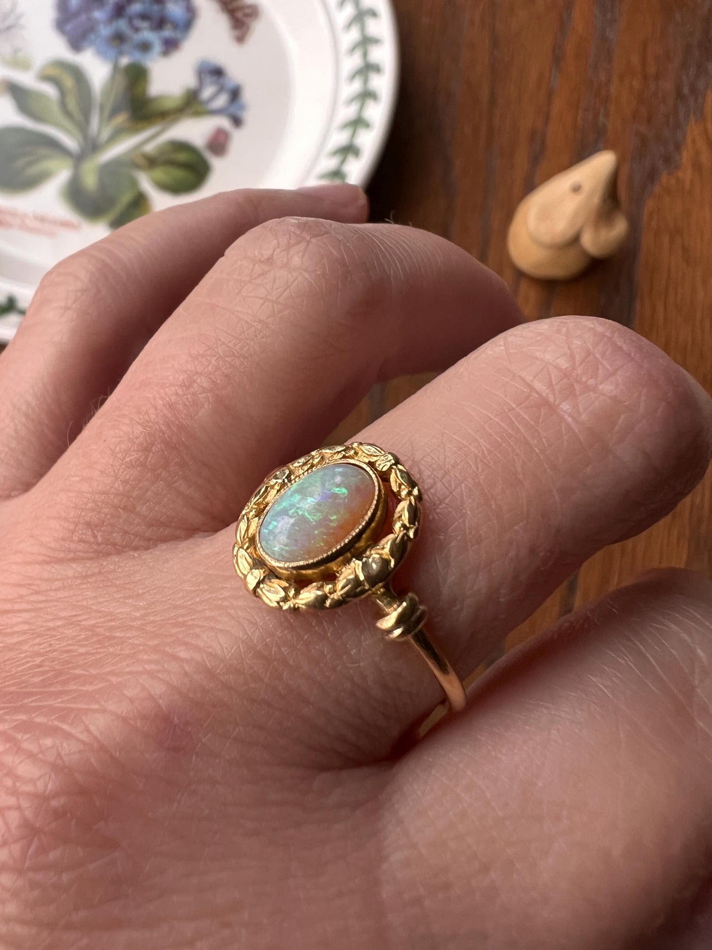 Unique OPAL Art NOUVEAU Floral Garland French Antique 18k Gold Ring Bows Laurel Leaf Berries Halo Romantic Gift Belle Epoque Figural