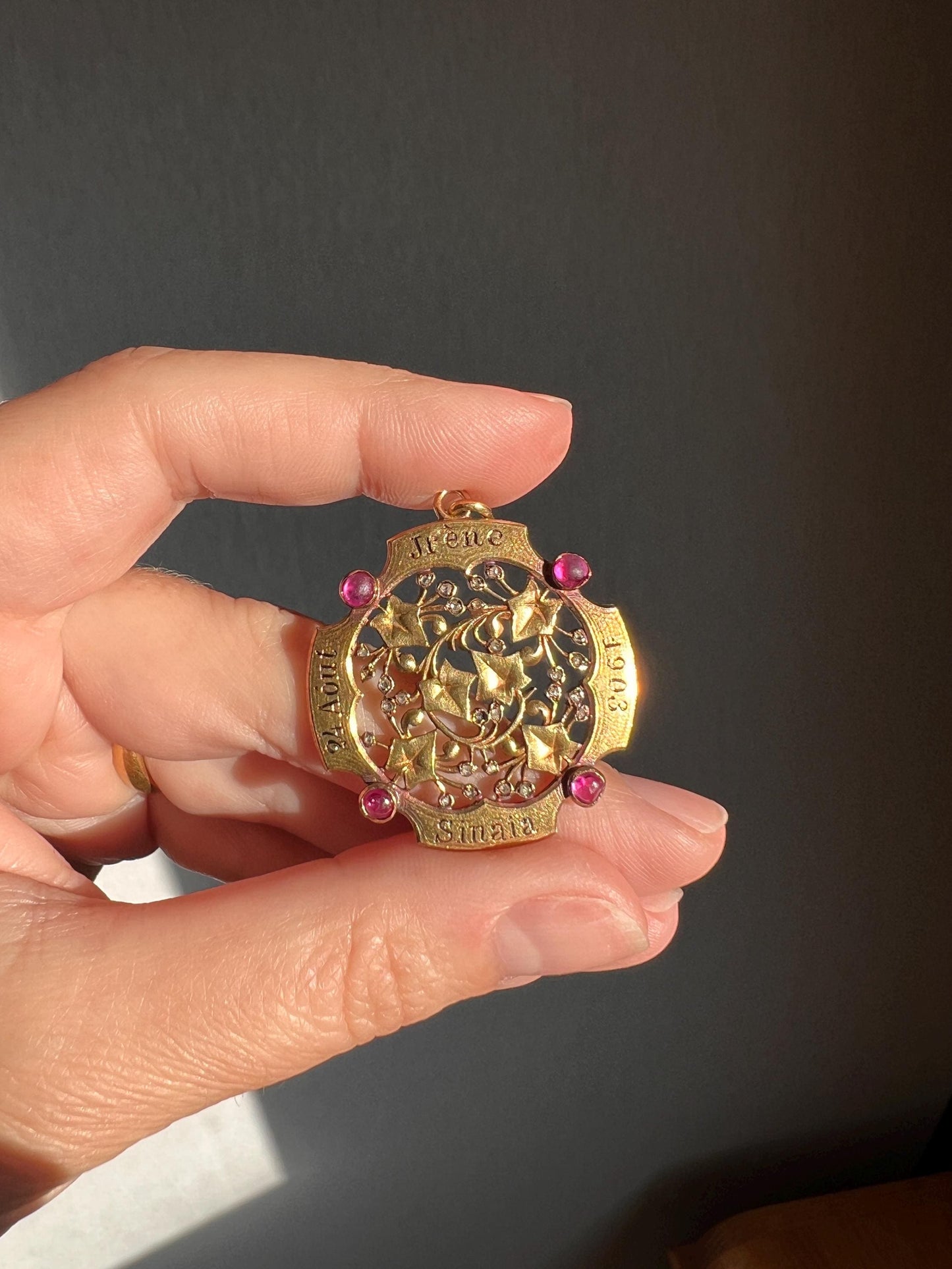 HEAVY Antique DATED 1903 IVY Rose Cut Diamond Ruby Figural Pendant Exceptional French Medallion 9g 18k Gold Solid Belle Epoque Engraved Vine