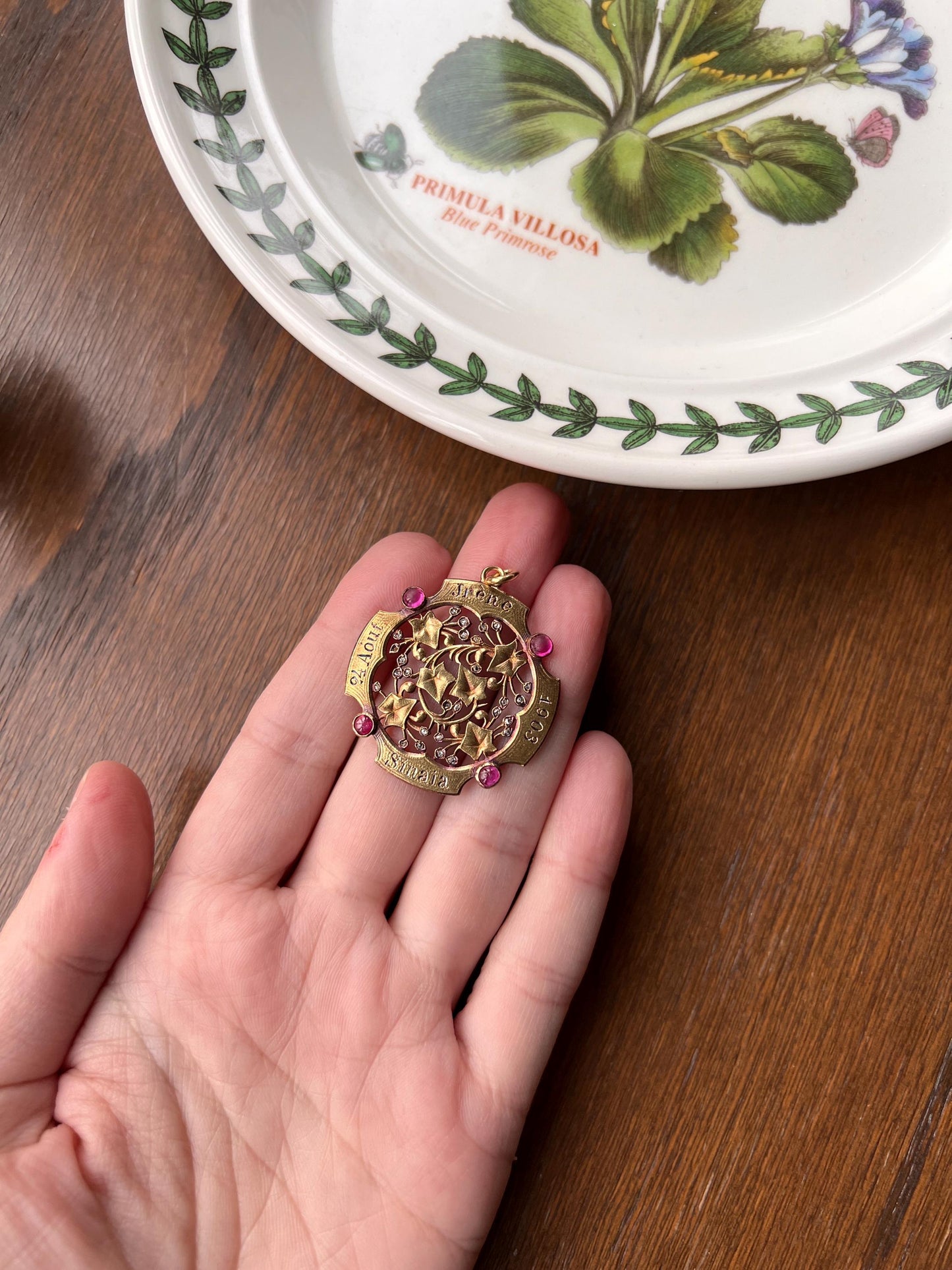 HEAVY Antique DATED 1903 IVY Rose Cut Diamond Ruby Figural Pendant Exceptional French Medallion 9g 18k Gold Solid Belle Epoque Engraved Vine