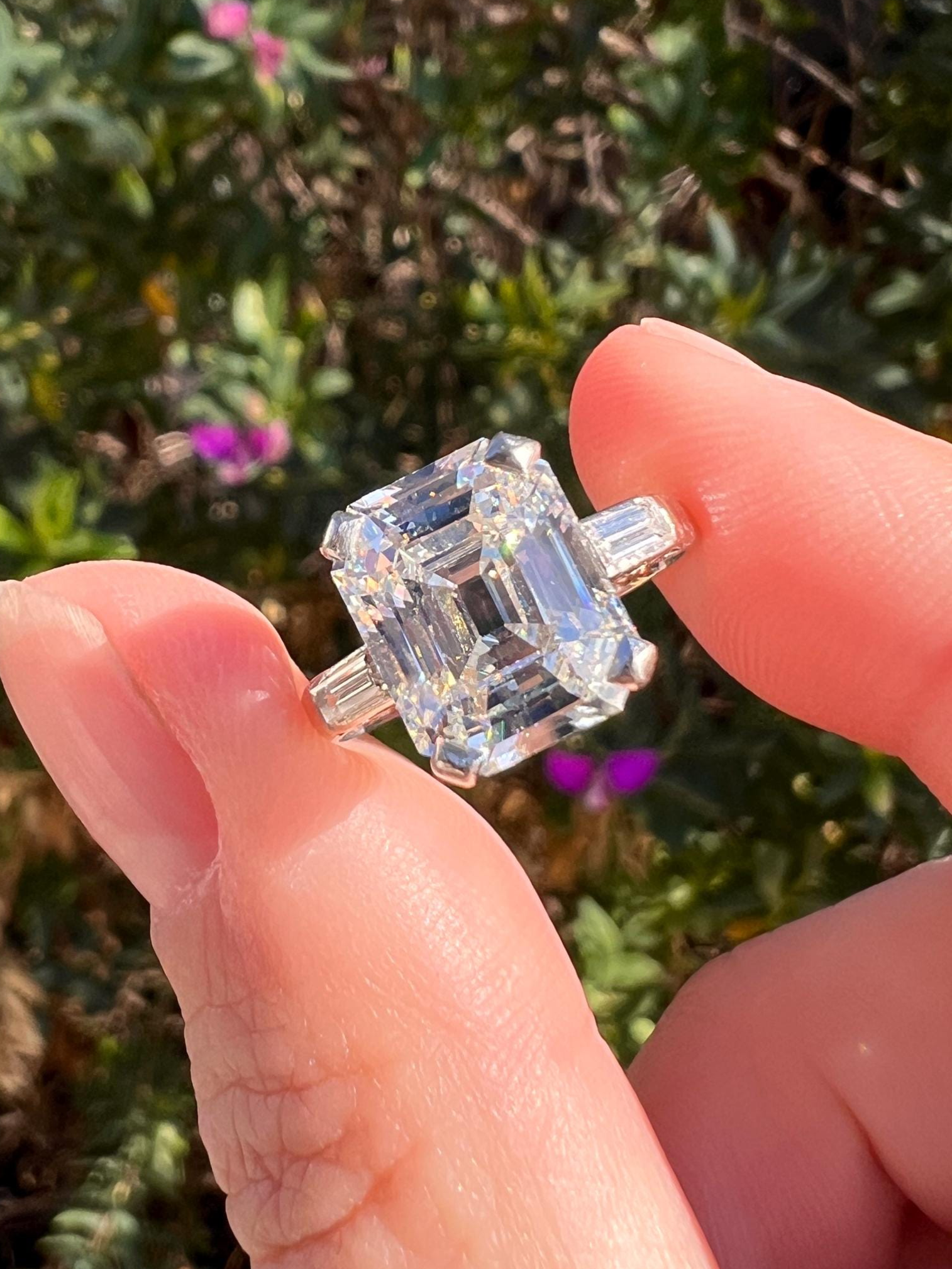 Exceptional Eye CLEAN Carat Emerald Cut DIAMOND Solitaire Ring French PLATINUM Baguette Accents Vintage to Art Deco Retro Era w/ Cert Rare