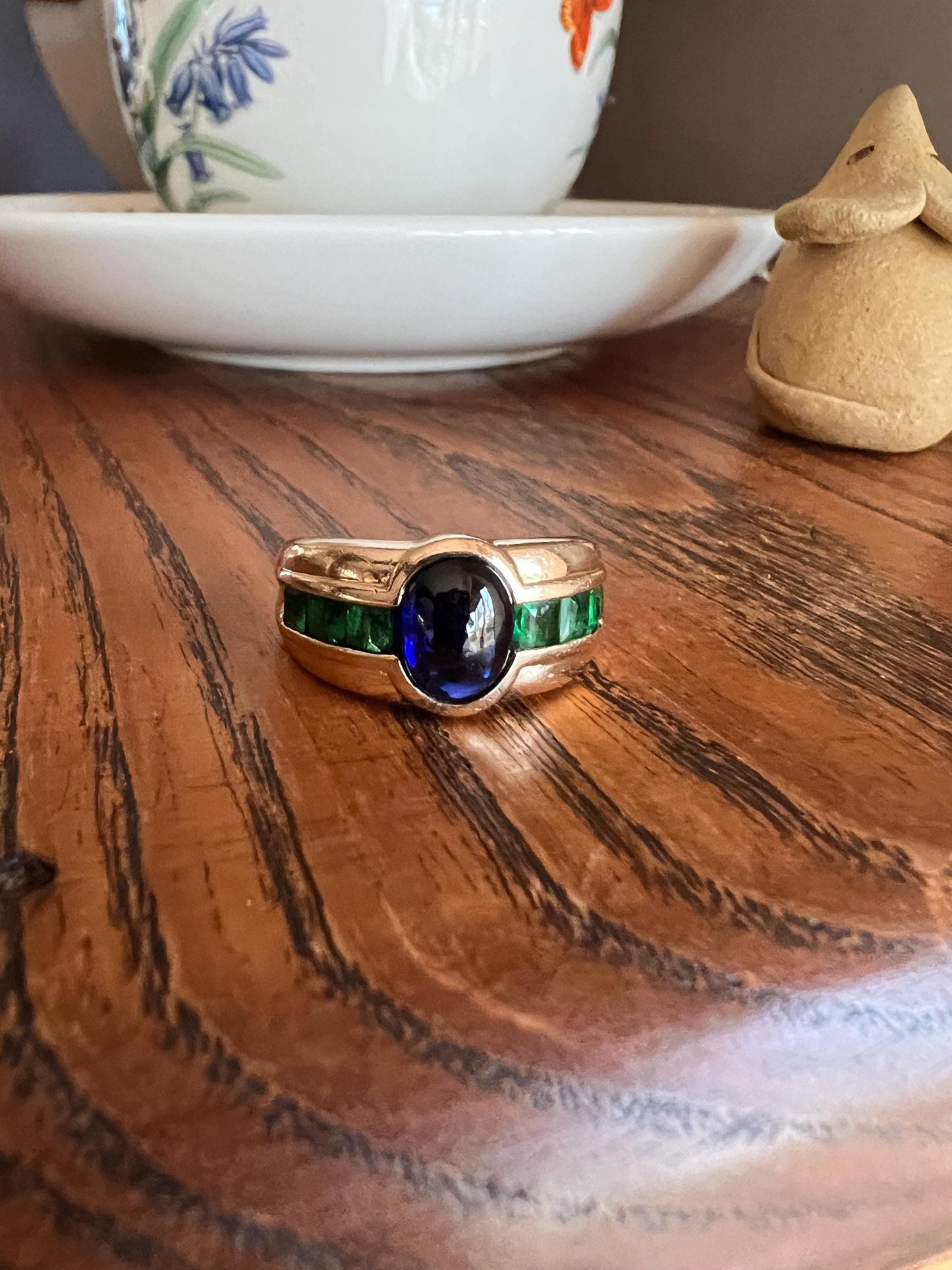 SAPPHIRE Green EMERALD Gypsy Ring Chunky French Vintage 14k Gold Solid Domed Cabochon Square Carre Line Band Blue Gift Retro Unisex Stacker