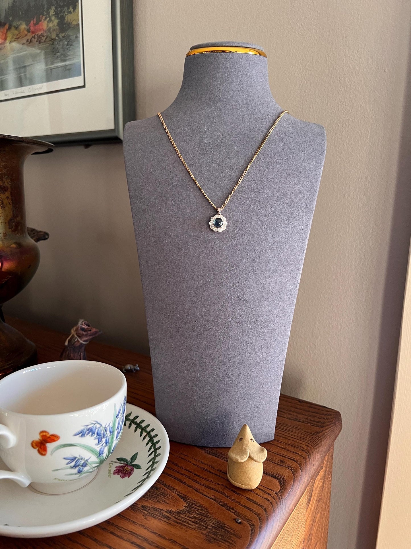 Antique SAPPHIRE 1 Carat Old Mine Cut DIAMOND Halo Daisy Cluster PENDANT 18k Gold Halo Edwardian Love Gift Bridal Something Old Blue Rainbow