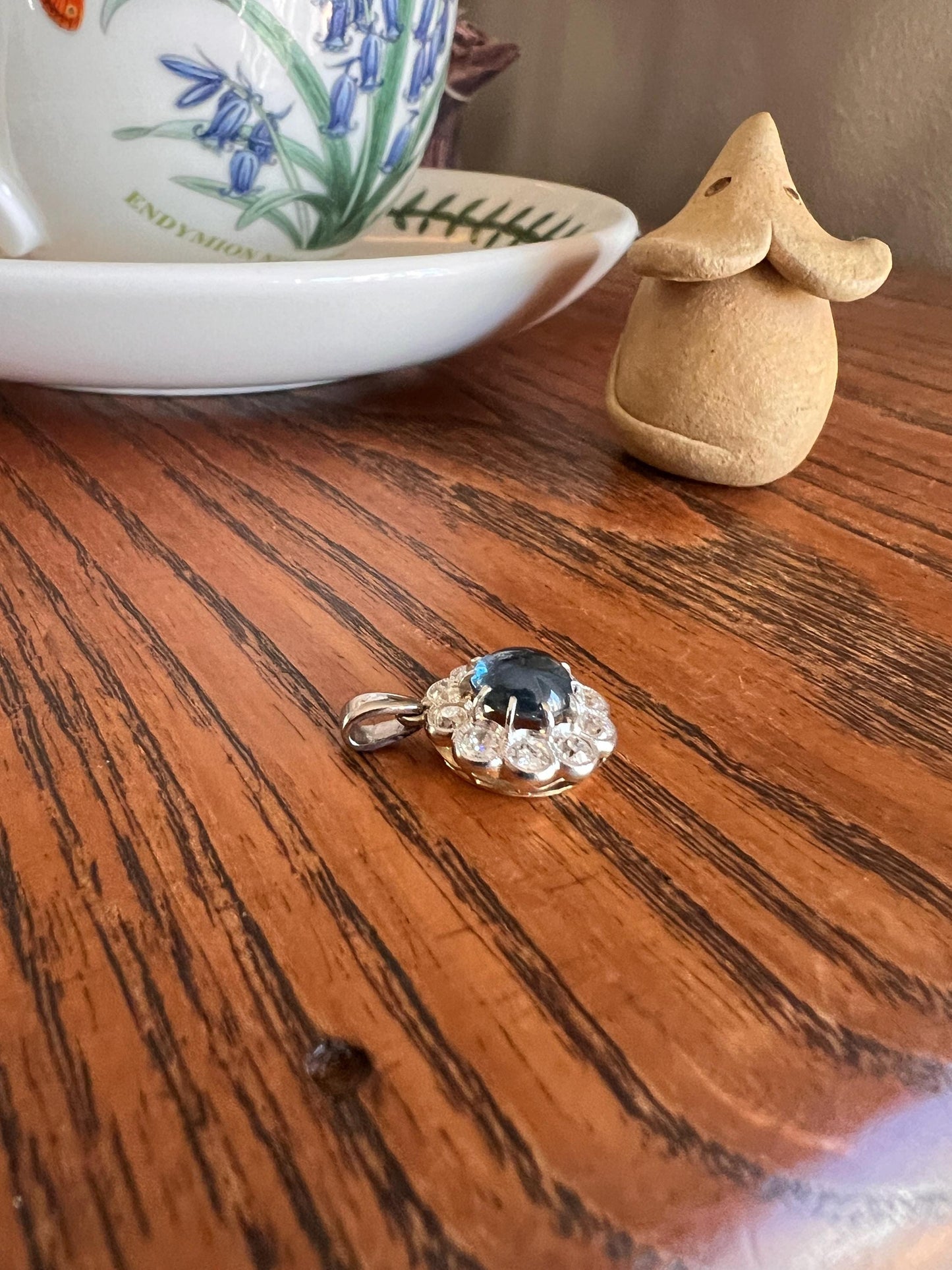 Antique SAPPHIRE 1 Carat Old Mine Cut DIAMOND Halo Daisy Cluster PENDANT 18k Gold Halo Edwardian Love Gift Bridal Something Old Blue Rainbow