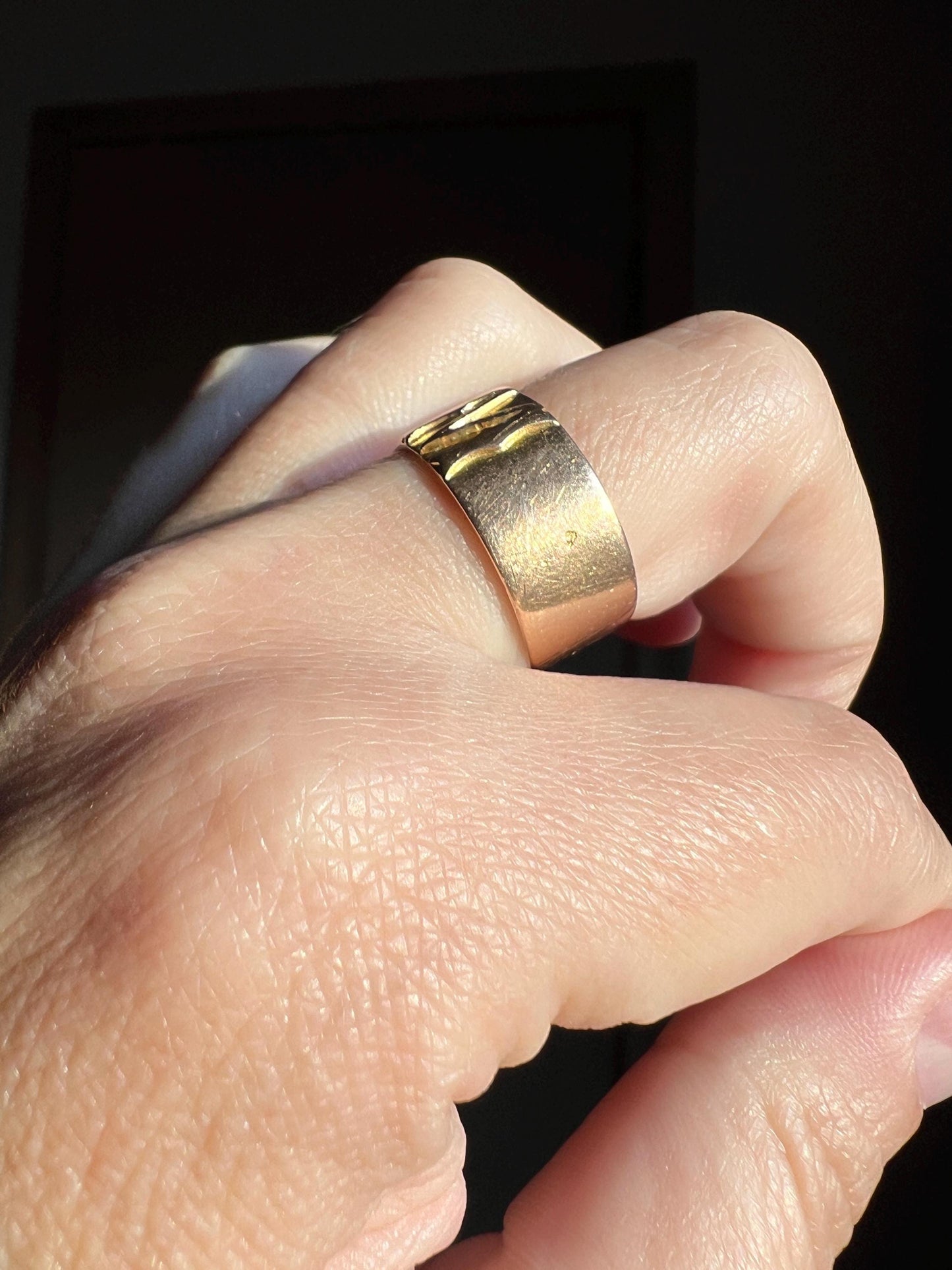 Victorian Antique M W INITIAL 8.6mm Wide Cigar Band Ring 18k Gold French 1800s Hallmark Stacker Gift Chunky Pipe Cut Letter Mono Unisex Man