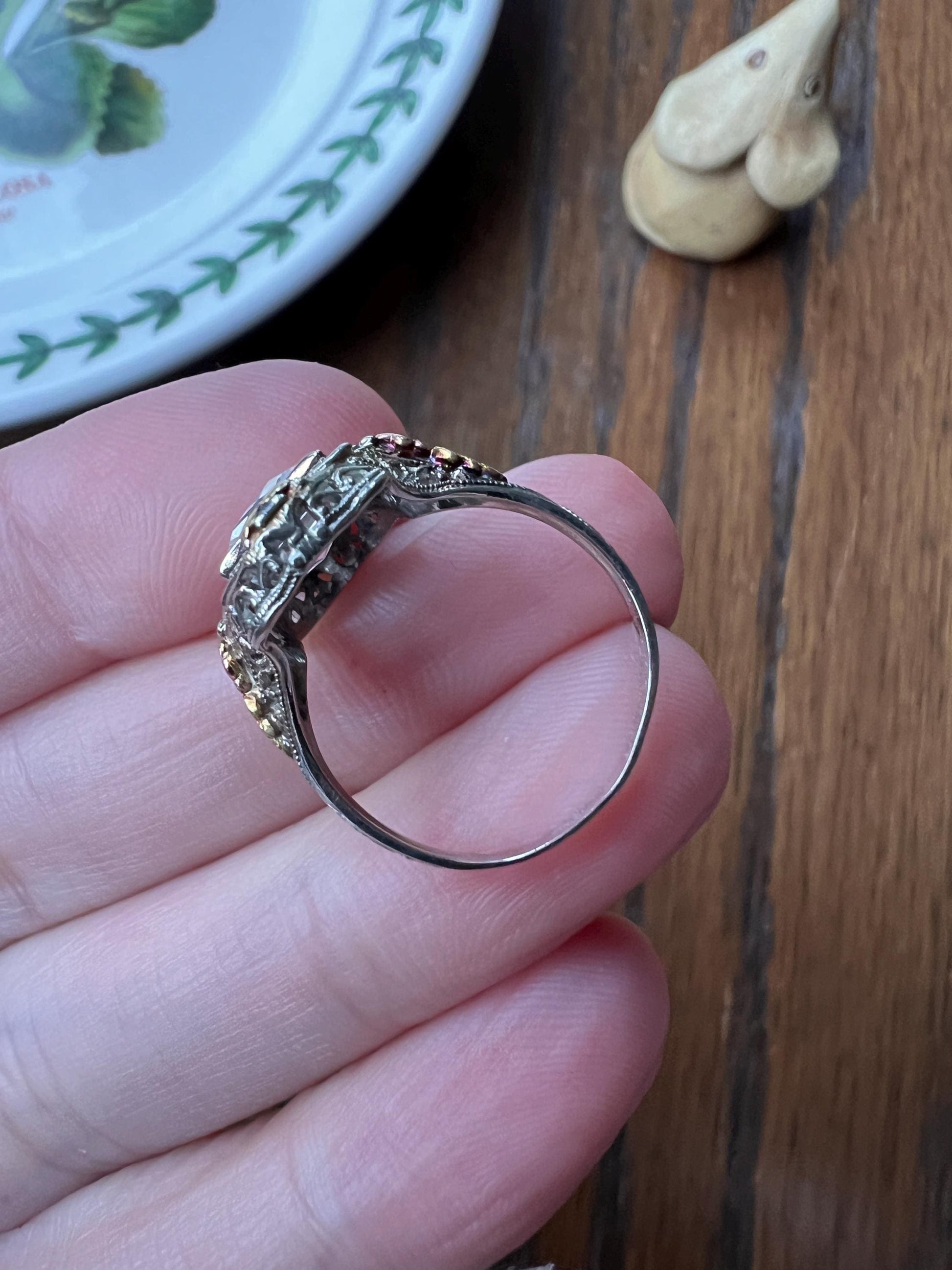 Ornate Filigree OSTBY Barton Ring ANTIQUE Pale Blue TOPAZ 10k Tricolor Gold Rose White Green Forget Me Not Titanic French Cut Gift Edwardian