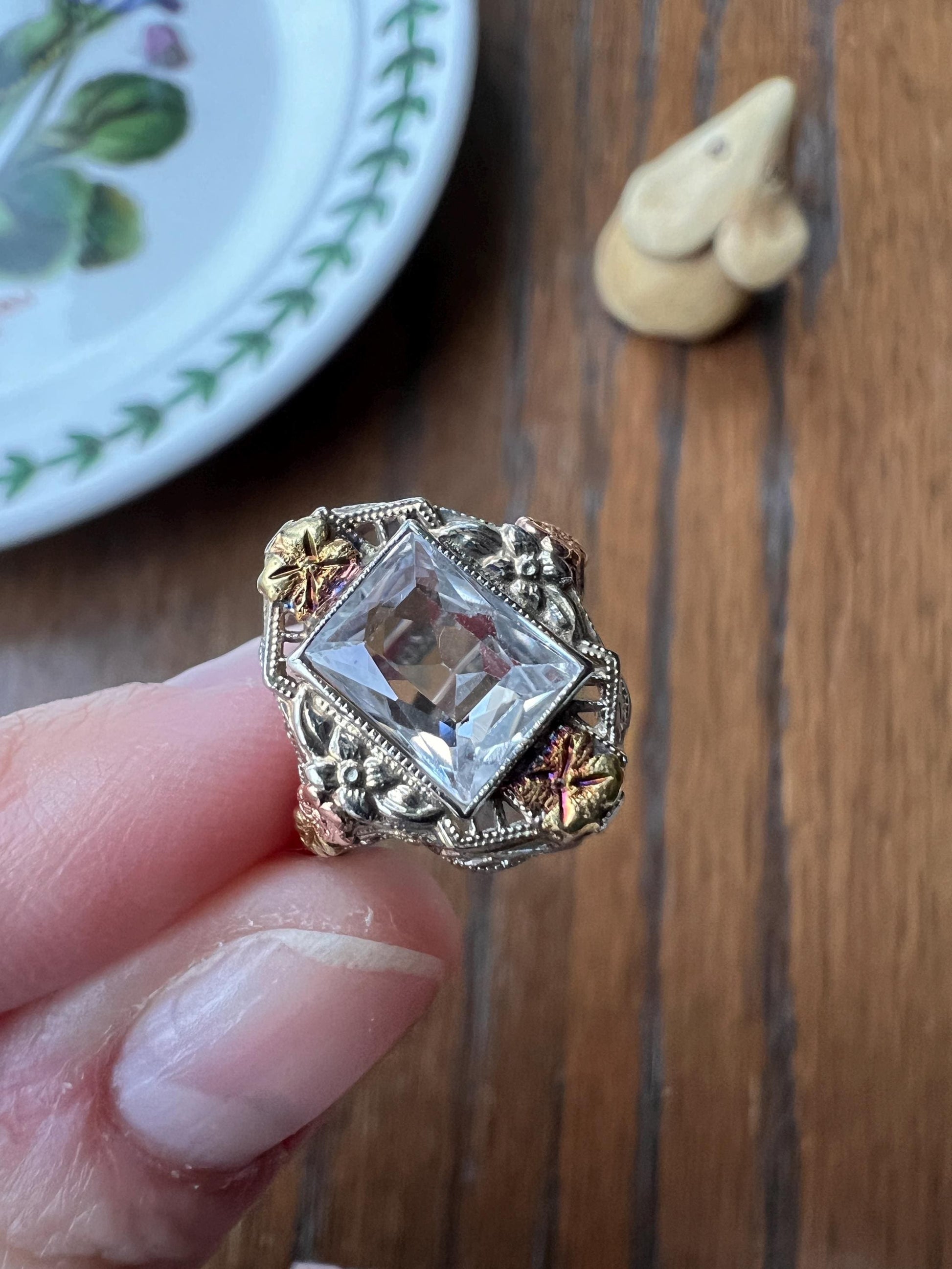 Ornate Filigree OSTBY Barton Ring ANTIQUE Pale Blue TOPAZ 10k Tricolor Gold Rose White Green Forget Me Not Titanic French Cut Gift Edwardian