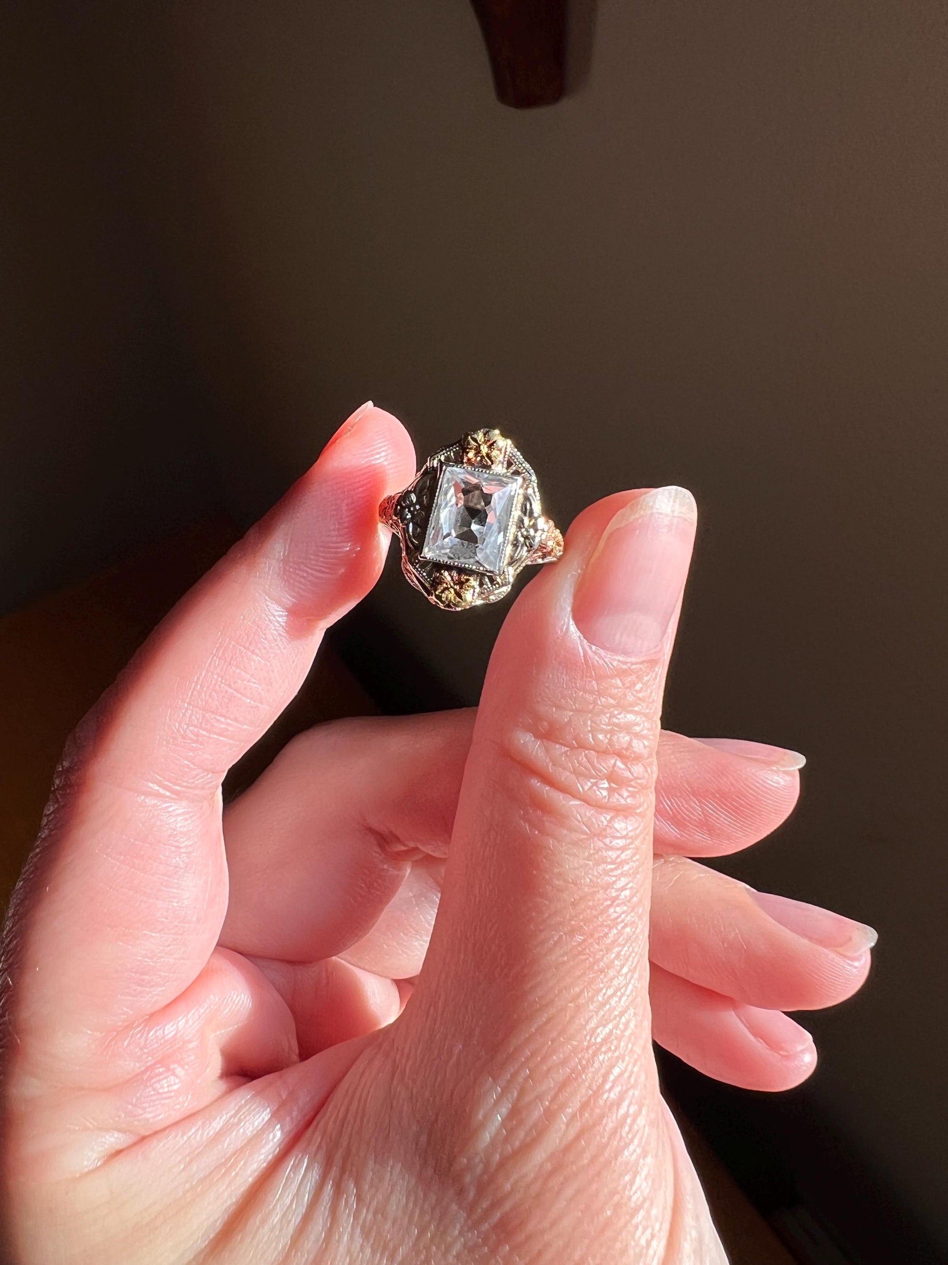 Ornate Filigree OSTBY Barton Ring ANTIQUE Pale Blue TOPAZ 10k Tricolor Gold Rose White Green Forget Me Not Titanic French Cut Gift Edwardian