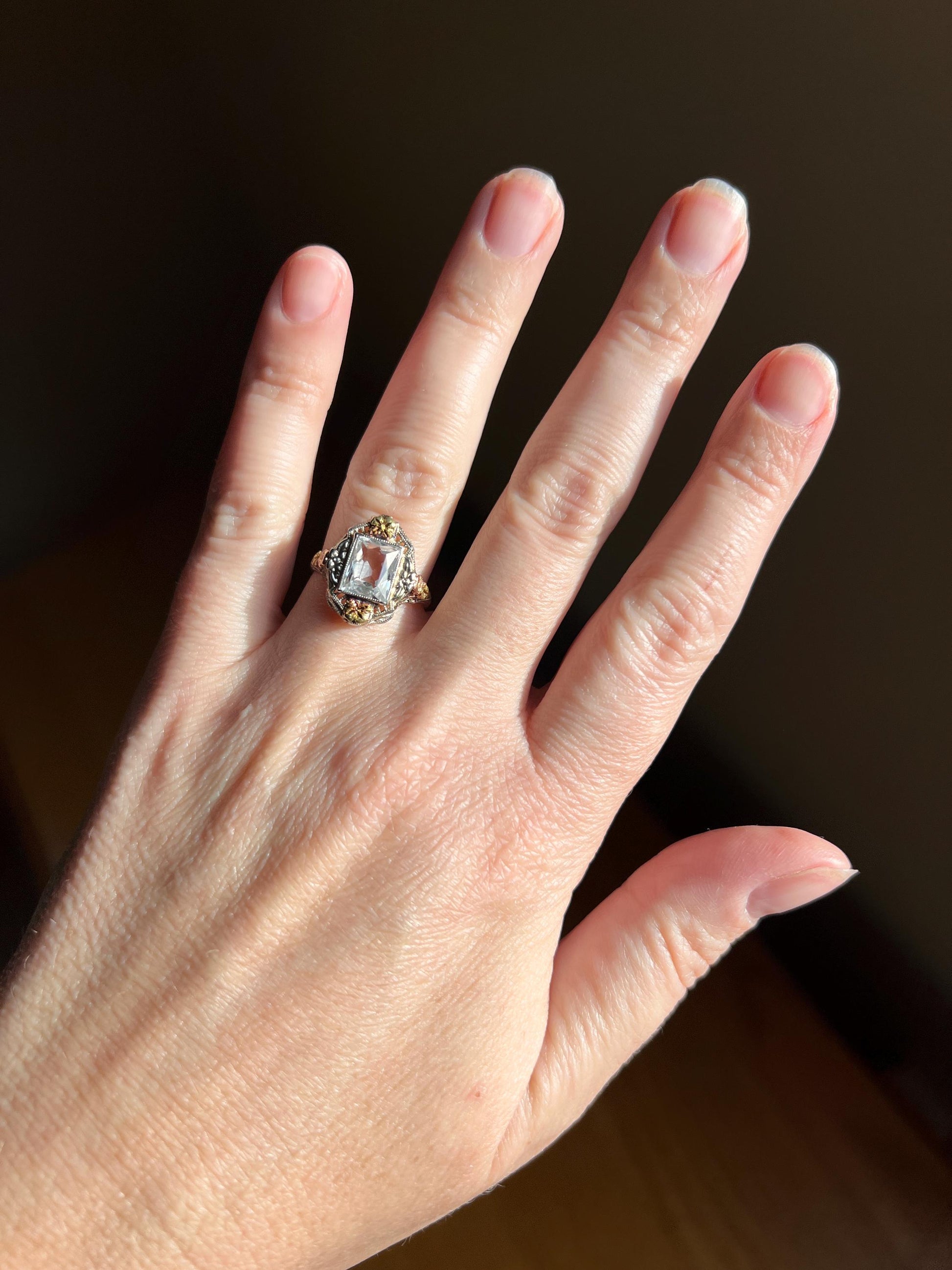 Ornate Filigree OSTBY Barton Ring ANTIQUE Pale Blue TOPAZ 10k Tricolor Gold Rose White Green Forget Me Not Titanic French Cut Gift Edwardian