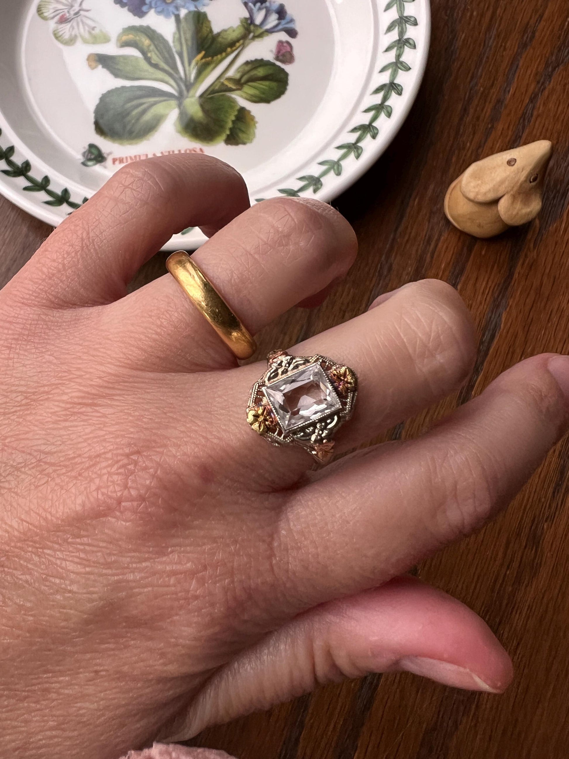 Ornate Filigree OSTBY Barton Ring ANTIQUE Pale Blue TOPAZ 10k Tricolor Gold Rose White Green Forget Me Not Titanic French Cut Gift Edwardian