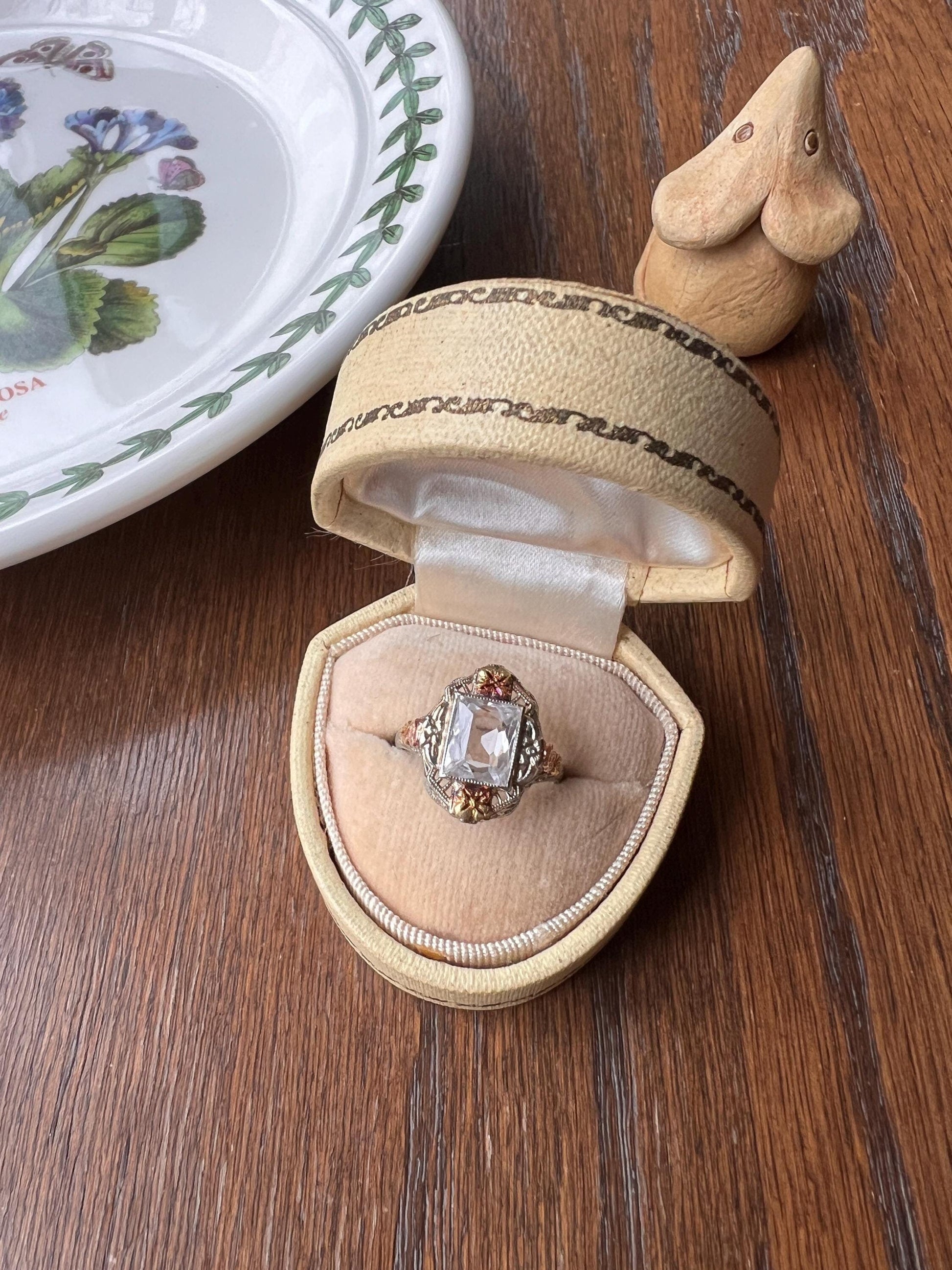 Ornate Filigree OSTBY Barton Ring ANTIQUE Pale Blue TOPAZ 10k Tricolor Gold Rose White Green Forget Me Not Titanic French Cut Gift Edwardian
