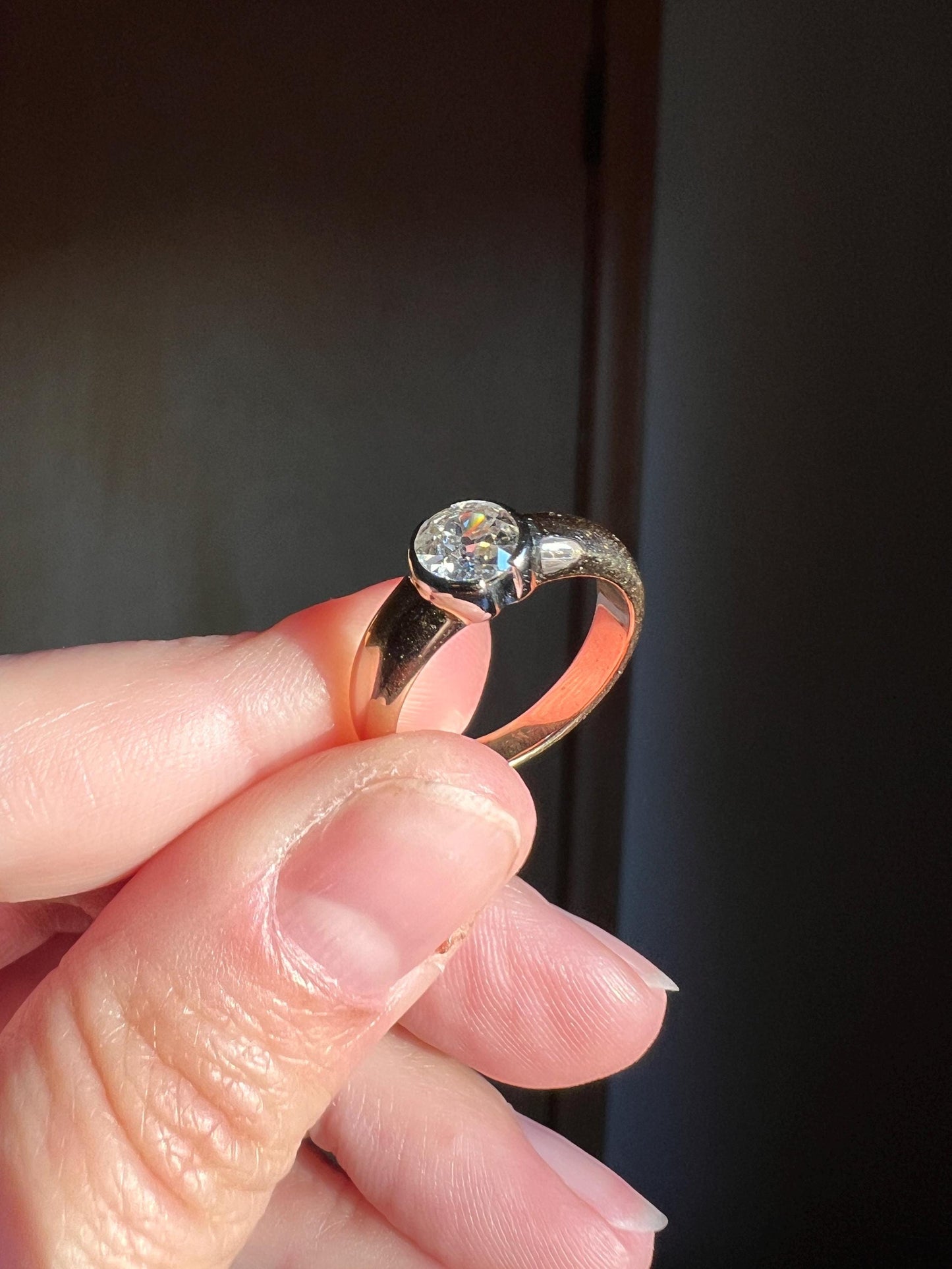 Vintage .6 Carat Antique Old Mine Cut DIAMOND French Art Deco Bezel Set Ring Stacker Band 18k Gold Solitaire Engagement Gift .6Ctw OmC Domed
