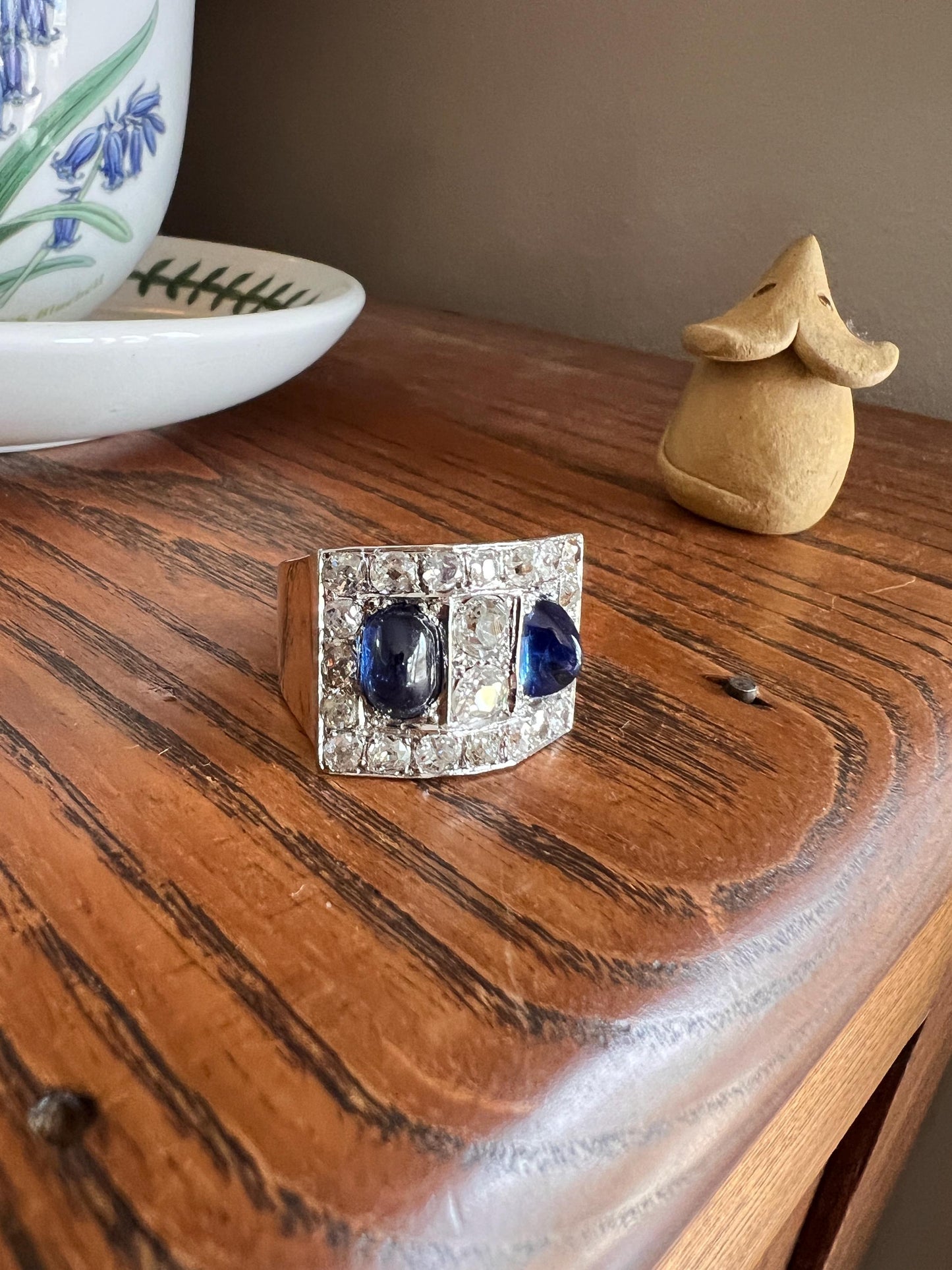 Mega 3.8 CARAT Old Mine Cut DIAMOND Two Sugarloaf Sapphire XL Heavy French Vintage 18k Gold Platinum Tank Ring Chunky Blue Sparkle Statement