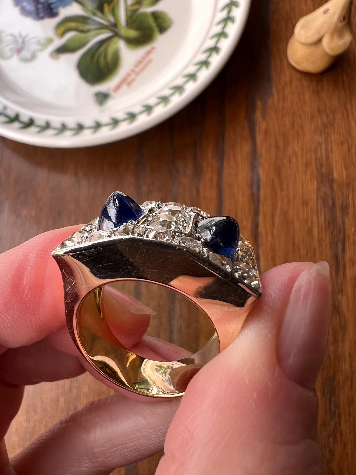Mega 3.8 CARAT Old Mine Cut DIAMOND Two Sugarloaf Sapphire XL Heavy French Vintage 18k Gold Platinum Tank Ring Chunky Blue Sparkle Statement