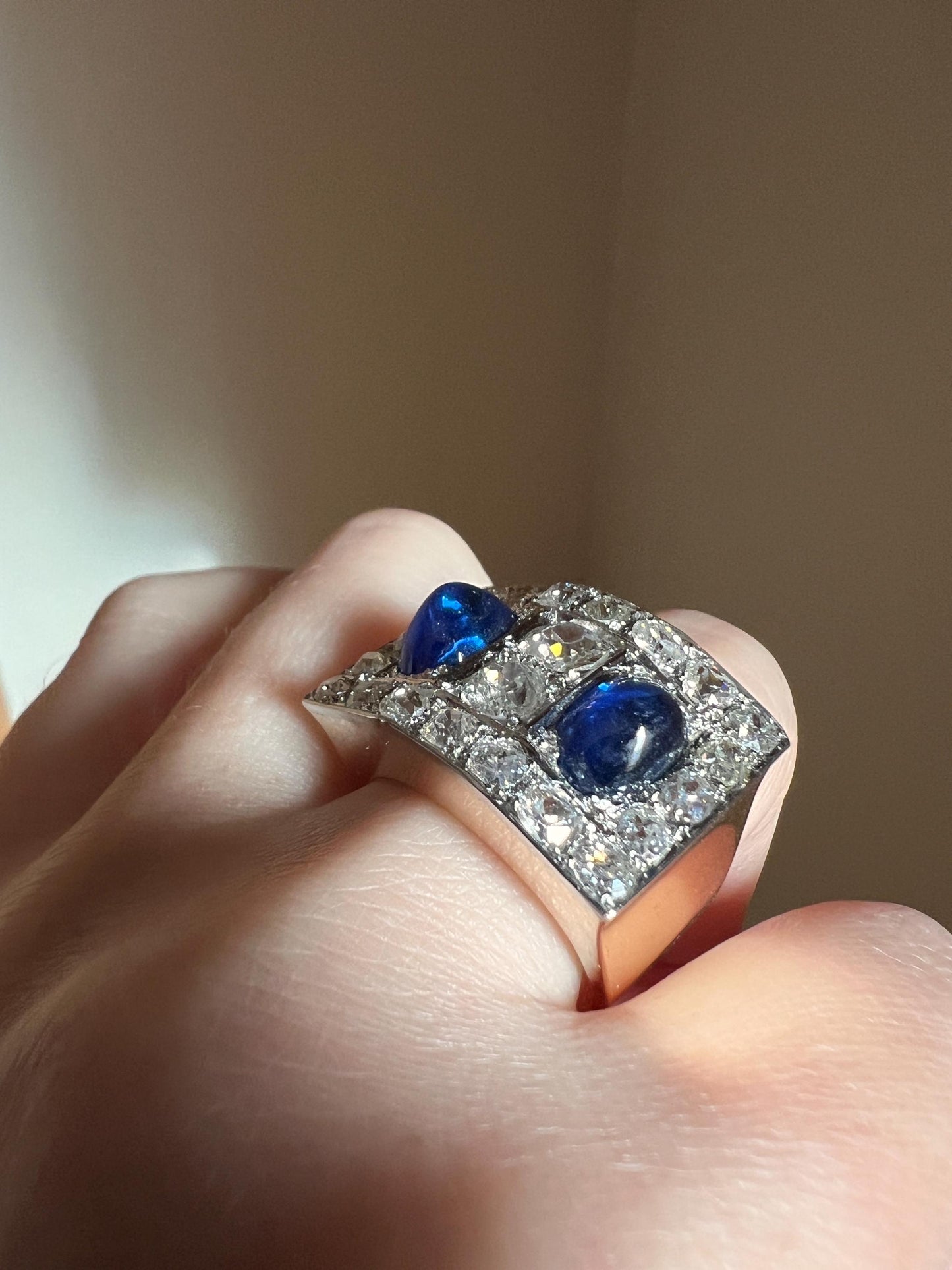 Mega 3.8 CARAT Old Mine Cut DIAMOND Two Sugarloaf Sapphire XL Heavy French Vintage 18k Gold Platinum Tank Ring Chunky Blue Sparkle Statement