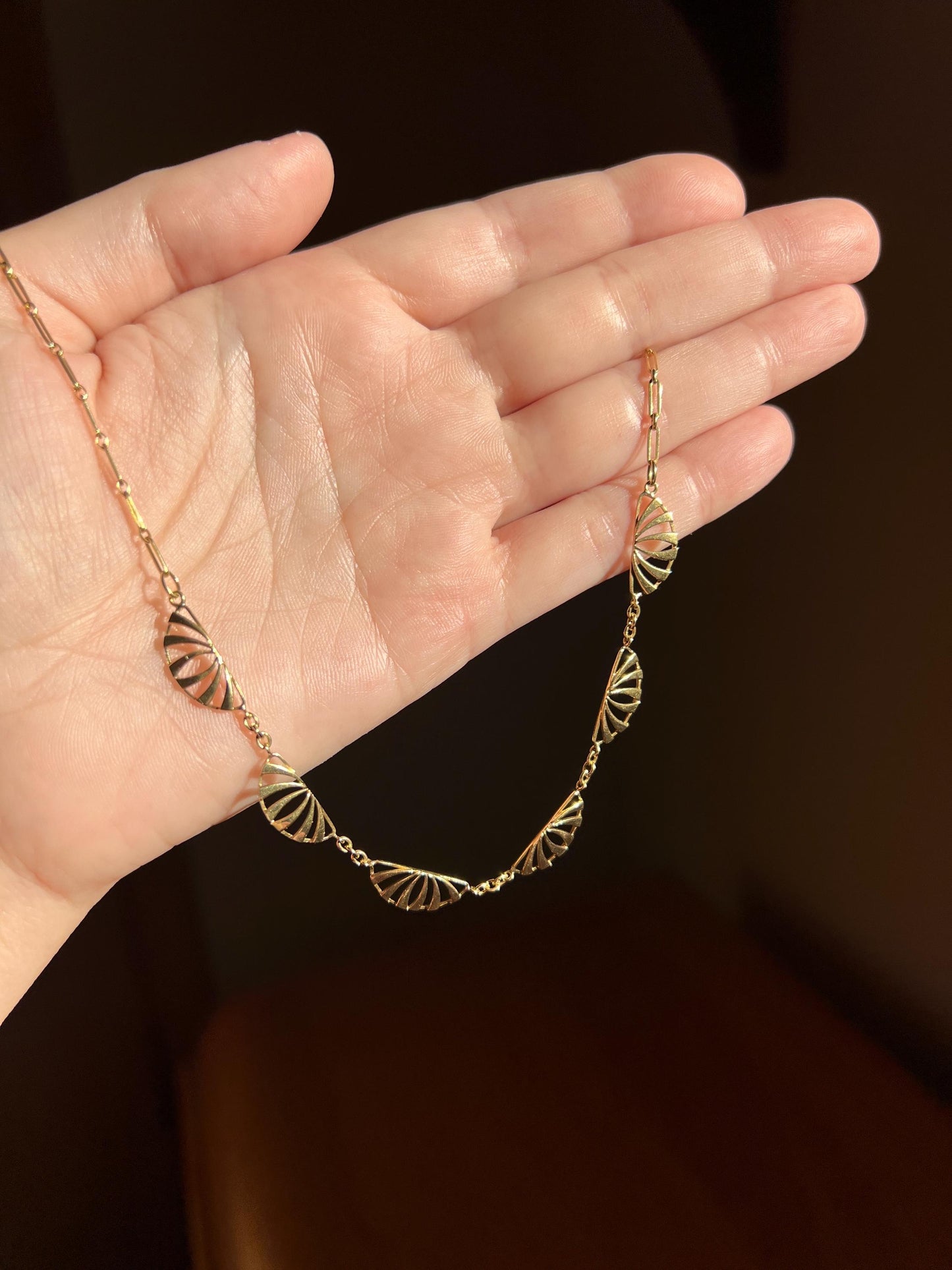 Sunburst Half Moon French Art NOUVEAU Antique 16" 18k Gold Necklace Drapery Chain Collar Pendants Gift Bridal Something Old Belle Epoque