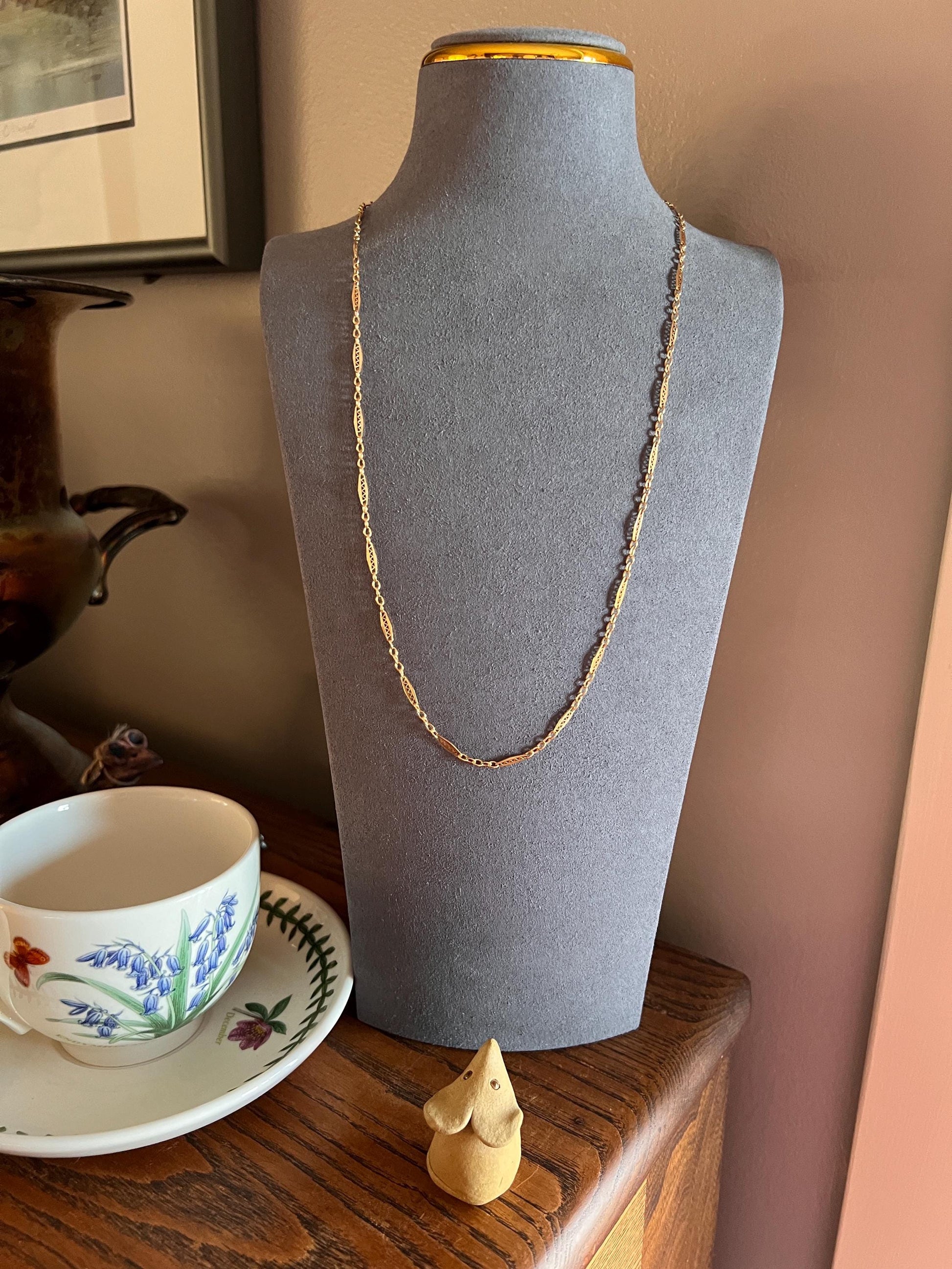 Fancy Link Squiggle Diamond French Art Deco Antique Long 23" 18k Gold Necklace Drapery Chain Collar Gift Bridal Something Old Belle Epoque