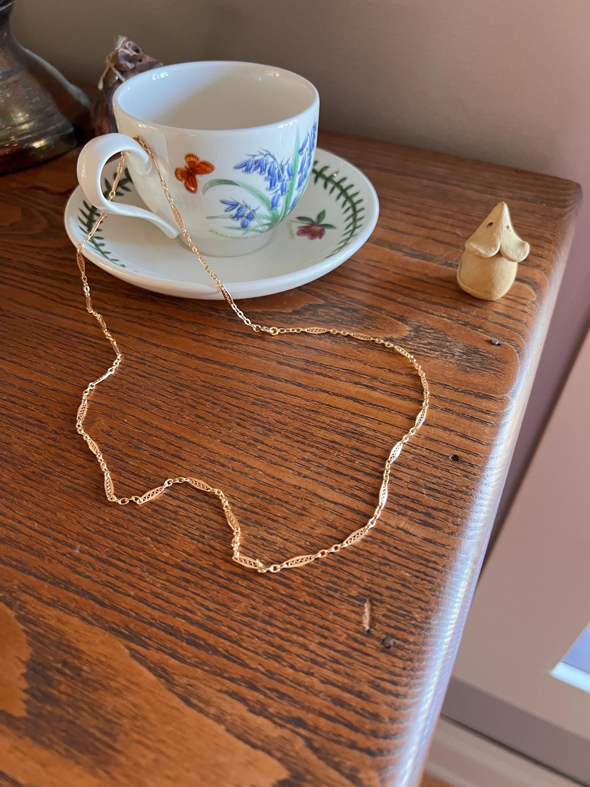 Fancy Link Squiggle Diamond French Art Deco Antique Long 23" 18k Gold Necklace Drapery Chain Collar Gift Bridal Something Old Belle Epoque