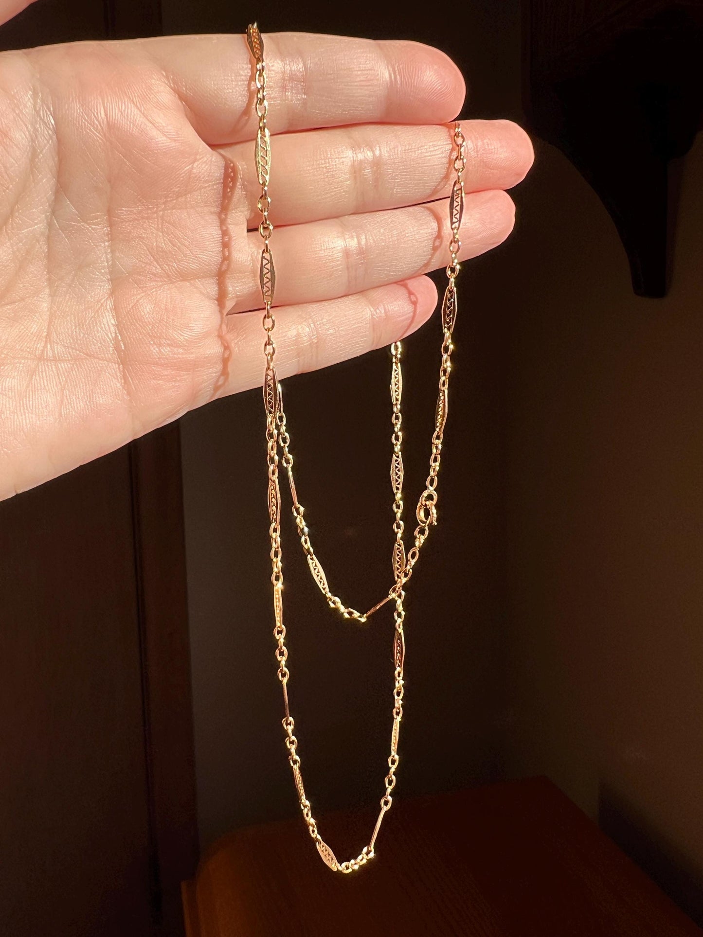 Fancy Link Squiggle Diamond French Art Deco Antique Long 23" 18k Gold Necklace Drapery Chain Collar Gift Bridal Something Old Belle Epoque