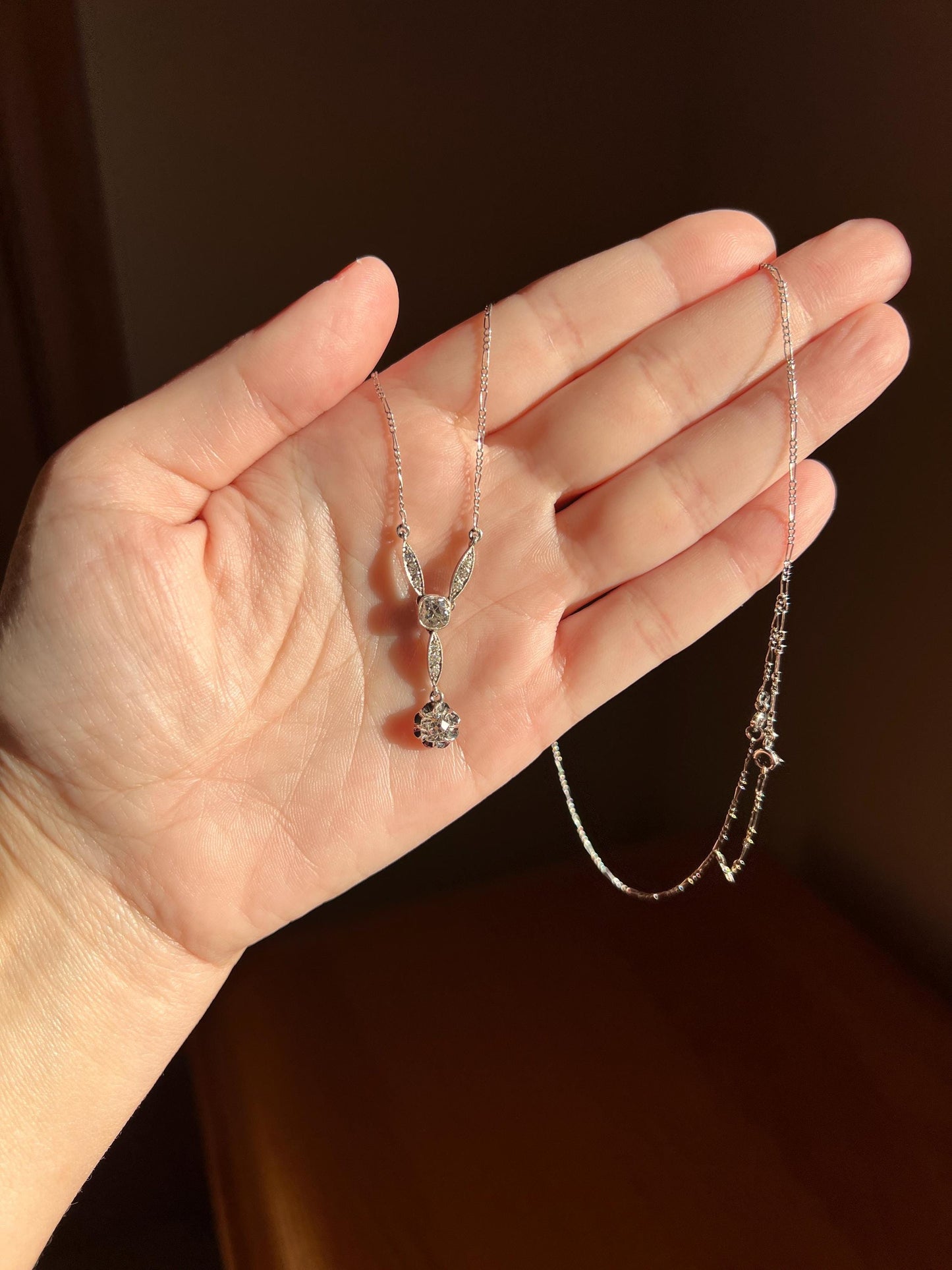 Art Deco 1.2 Carat Old Mine Cut DIAMOND French Antique 18k White Gold & Platinum Y Pendant on Chain Necklace Bridal Something Old Love Gift