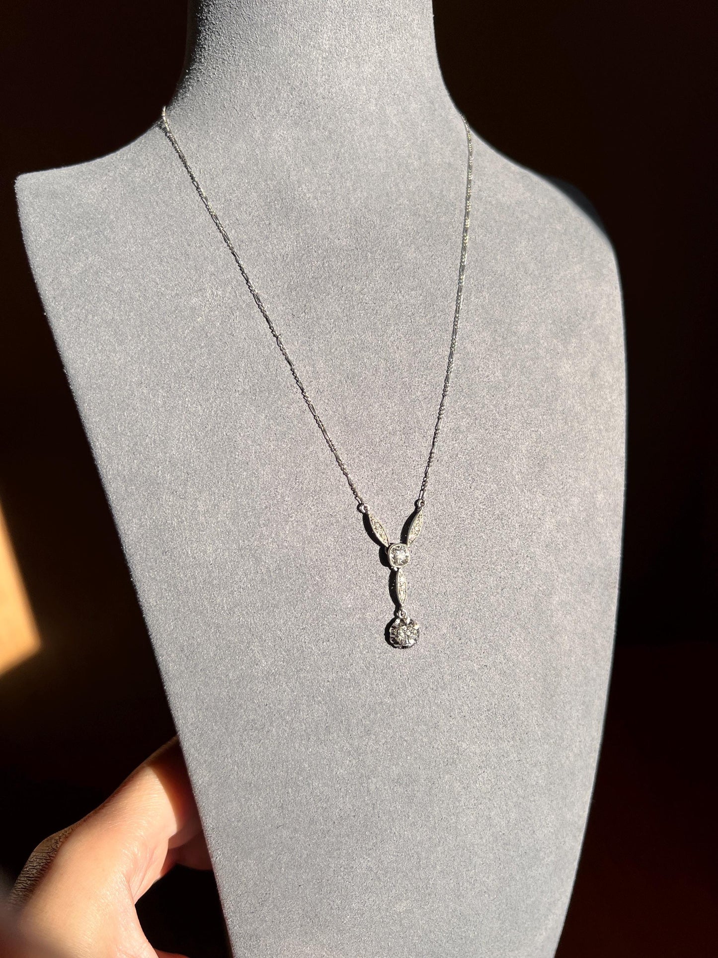 Art Deco 1.2 Carat Old Mine Cut DIAMOND French Antique 18k White Gold & Platinum Y Pendant on Chain Necklace Bridal Something Old Love Gift