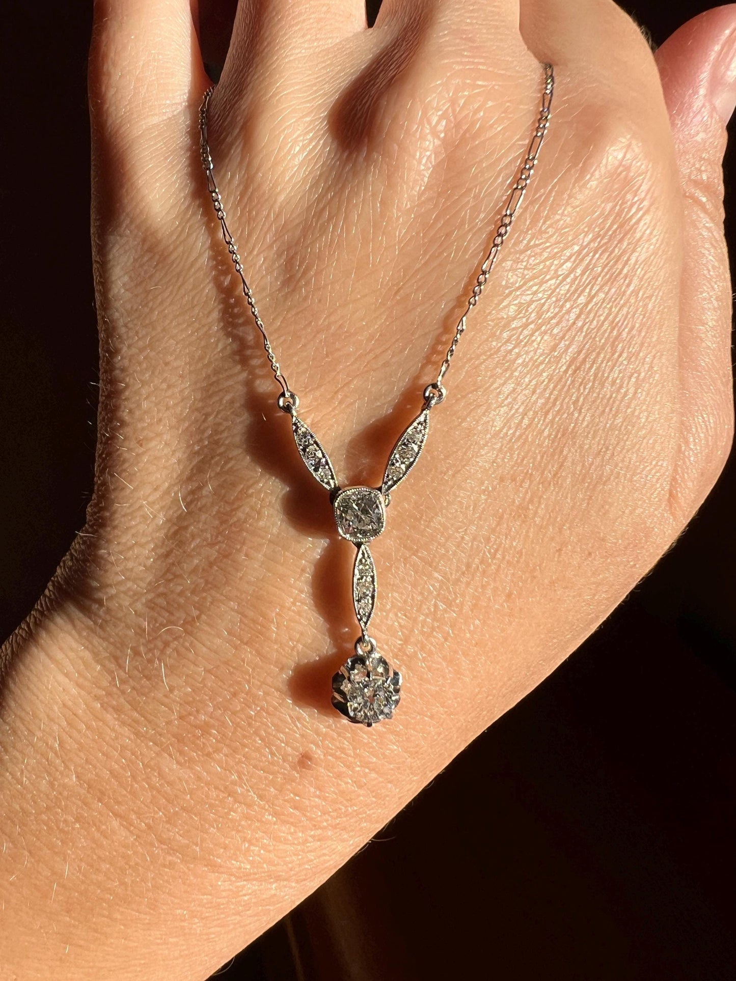 Art Deco 1.2 Carat Old Mine Cut DIAMOND French Antique 18k White Gold & Platinum Y Pendant on Chain Necklace Bridal Something Old Love Gift