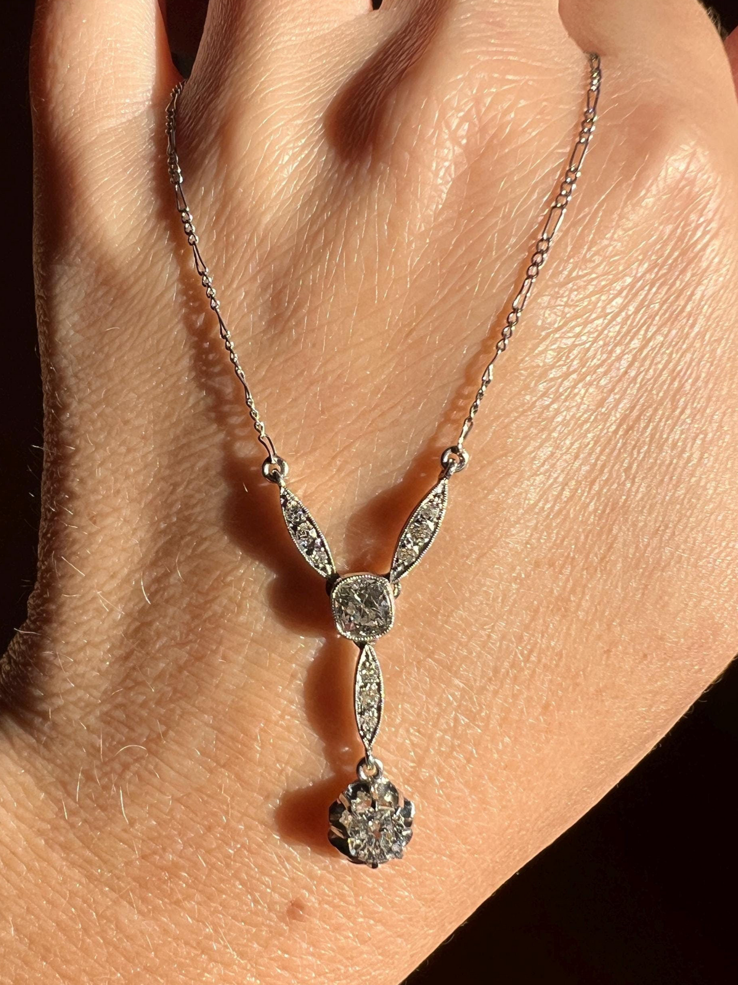 Art Deco 1.2 Carat Old Mine Cut DIAMOND French Antique 18k White Gold & Platinum Y Pendant on Chain Necklace