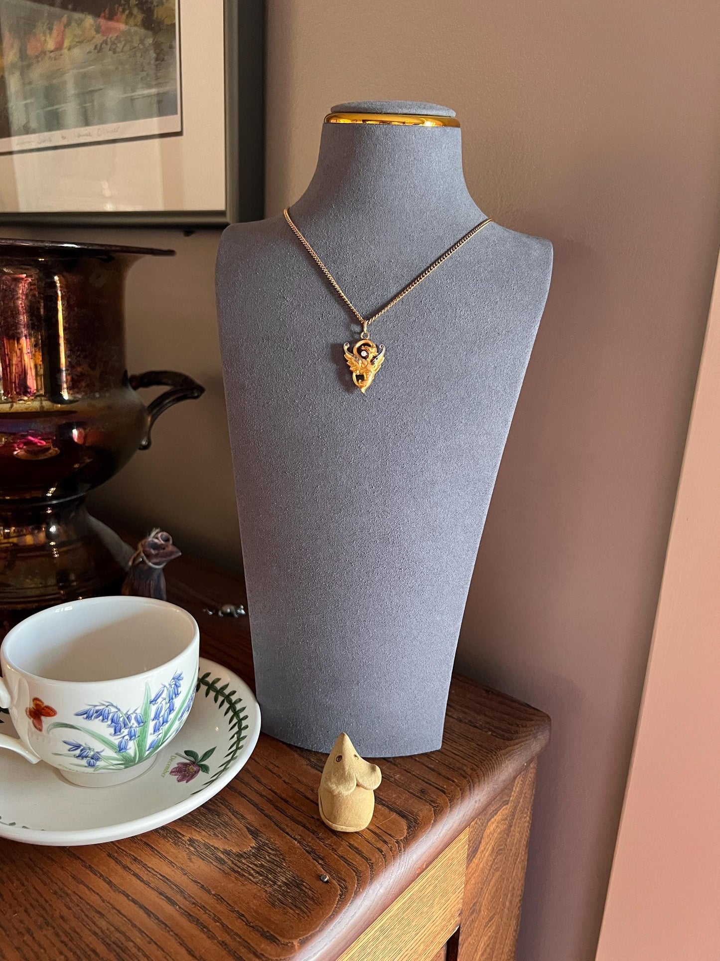 FRENCH Antique 18k Gold DRAGON Pendant Rose Cut Diamond Chimera Griffin Winged Beast FIGURAL Pearl Victorian Belle Epoque Lifelike Satin