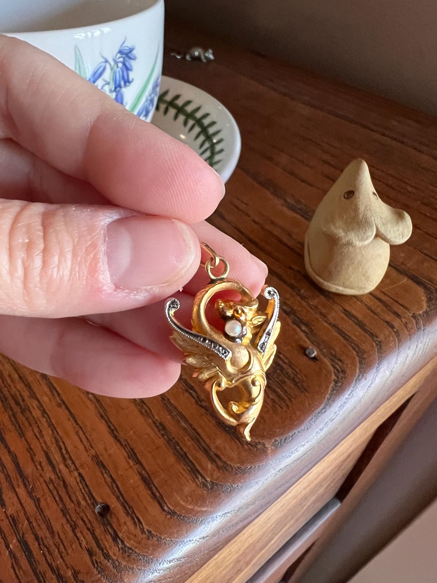 FRENCH Antique 18k Gold DRAGON Pendant Rose Cut Diamond Chimera Griffin Winged Beast FIGURAL Pearl Victorian Belle Epoque Lifelike Satin