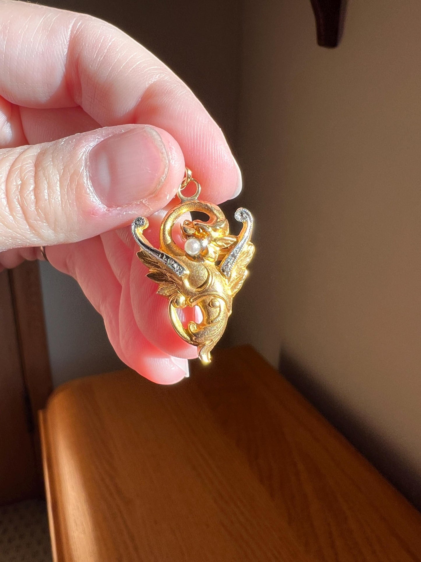 FRENCH Antique 18k Gold DRAGON Pendant Rose Cut Diamond Chimera Griffin Winged Beast FIGURAL Pearl Victorian Belle Epoque Lifelike Satin